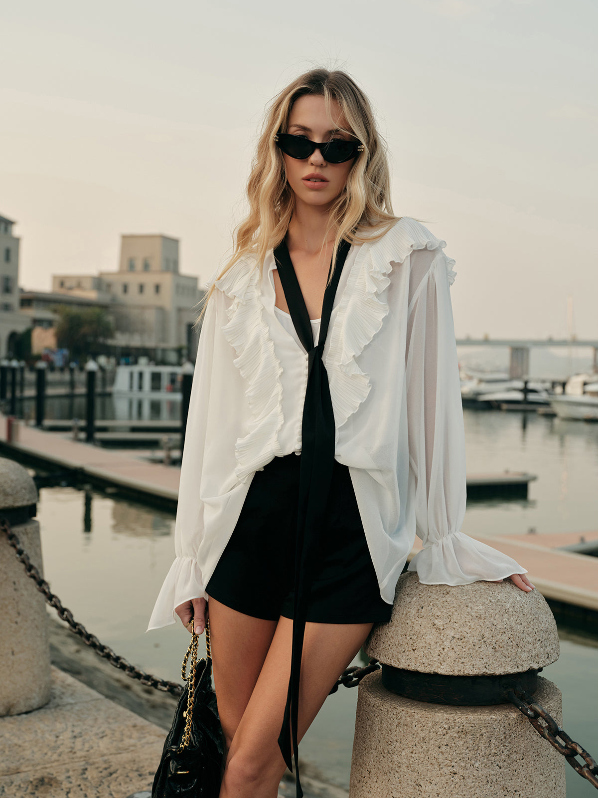 Semi-Sheer Ruffled Detail Blouse With Contrasting Tie-Massicos