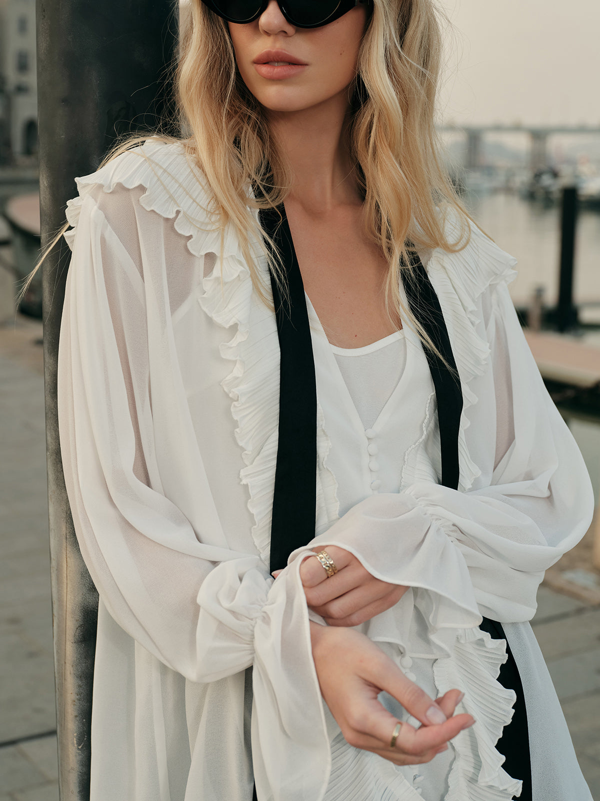 Semi-Sheer Ruffled Detail Blouse With Contrasting Tie-Massicos