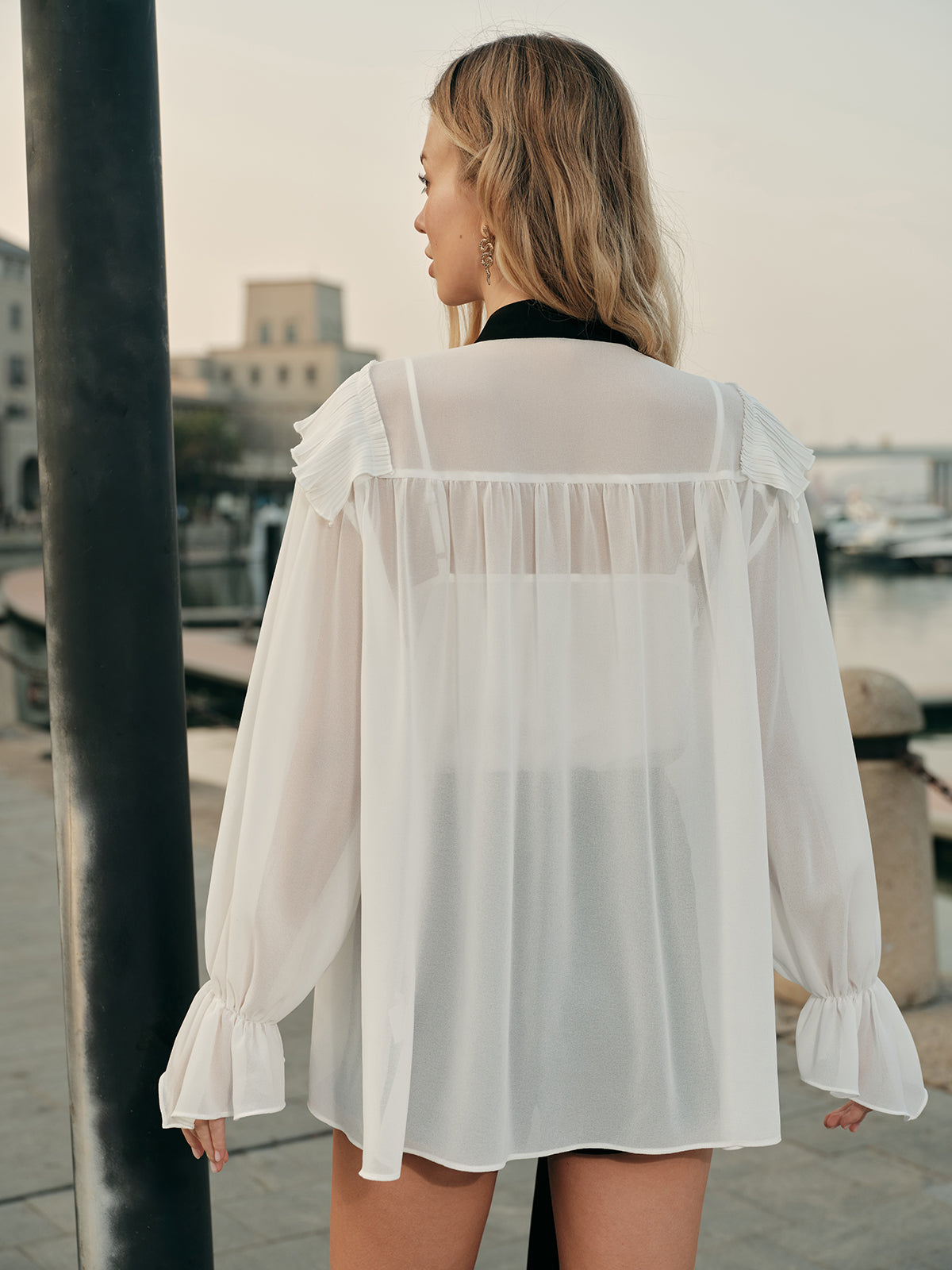 Semi-Sheer Ruffled Detail Blouse With Contrasting Tie-Massicos