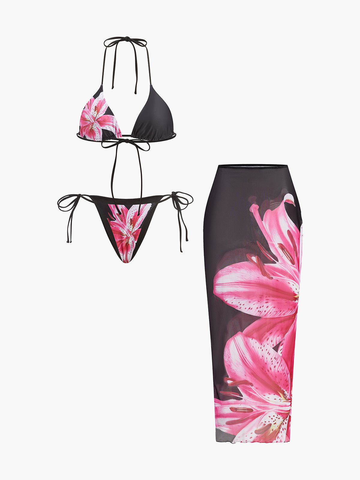 Floral Print Bikini With Mesh Skirt-Massicos