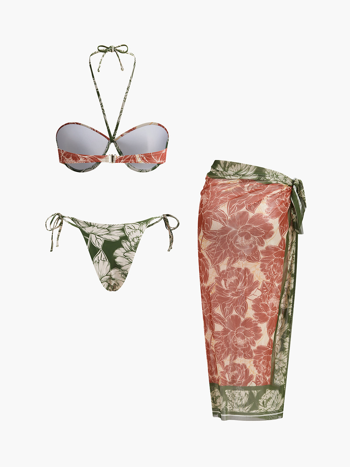 Floral Bikini Set With Tie Side Skirt-Massicos