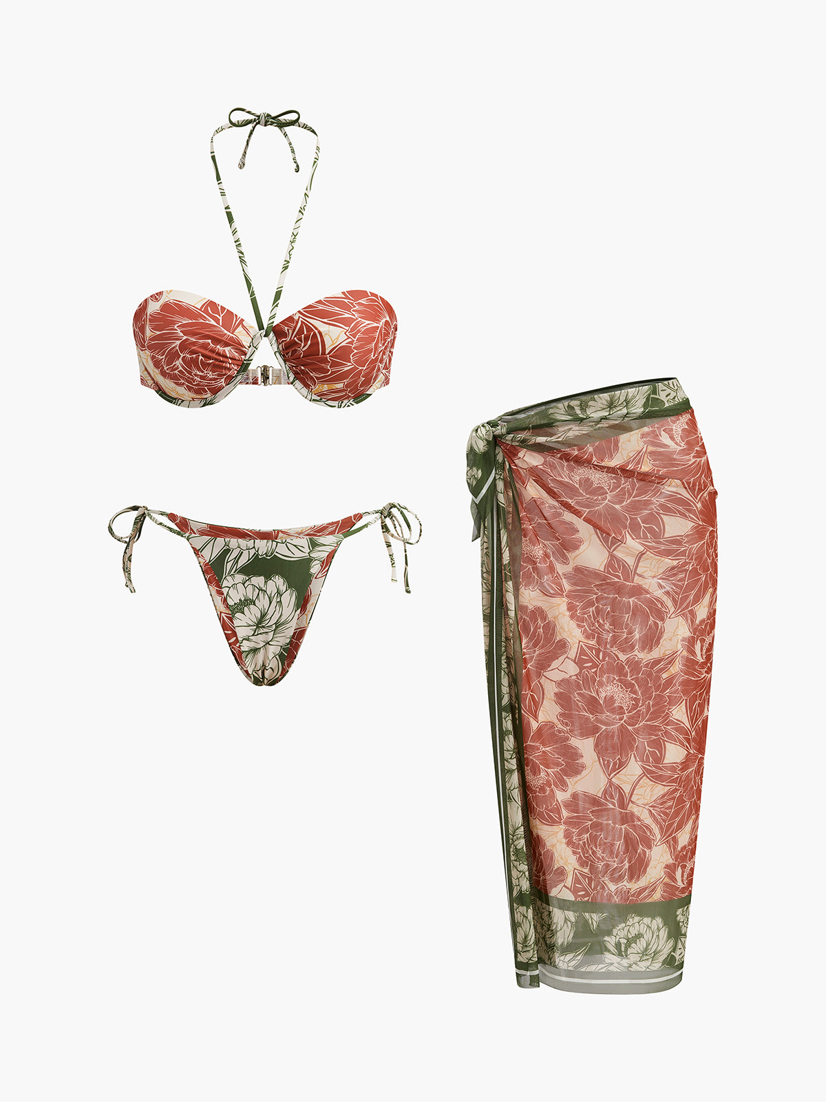 Floral Bikini Set With Tie Side Skirt-Massicos