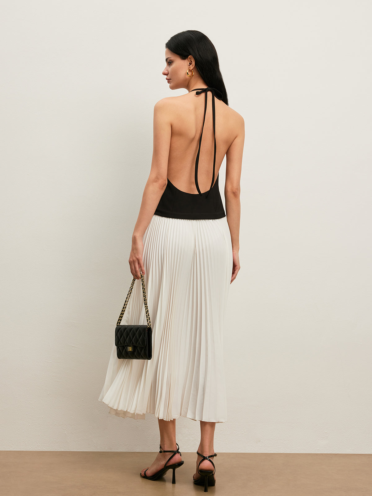 Backless Halter Pleated Dress-Massicos