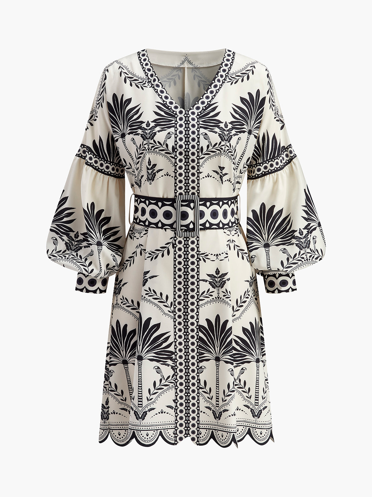 Boho Print V-Neck Belted Dress-Massicos