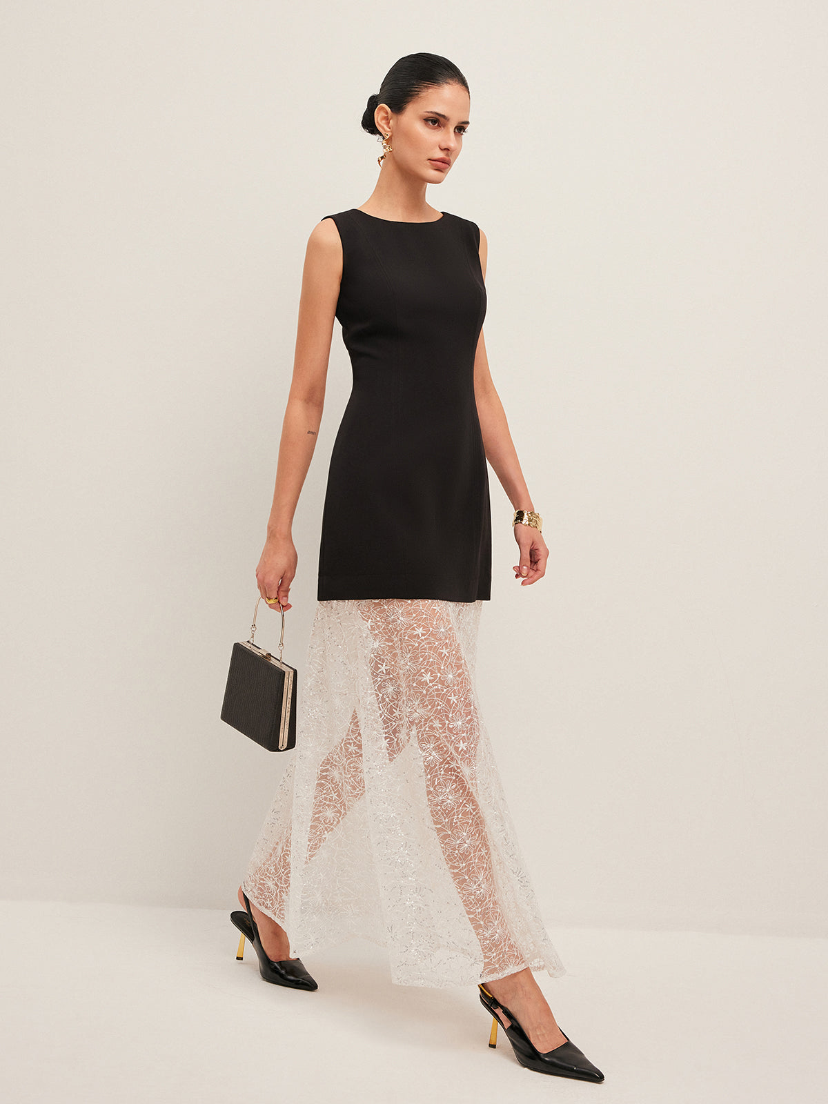 Sheer Lace Panel Sleeveless Dress-Massicos
