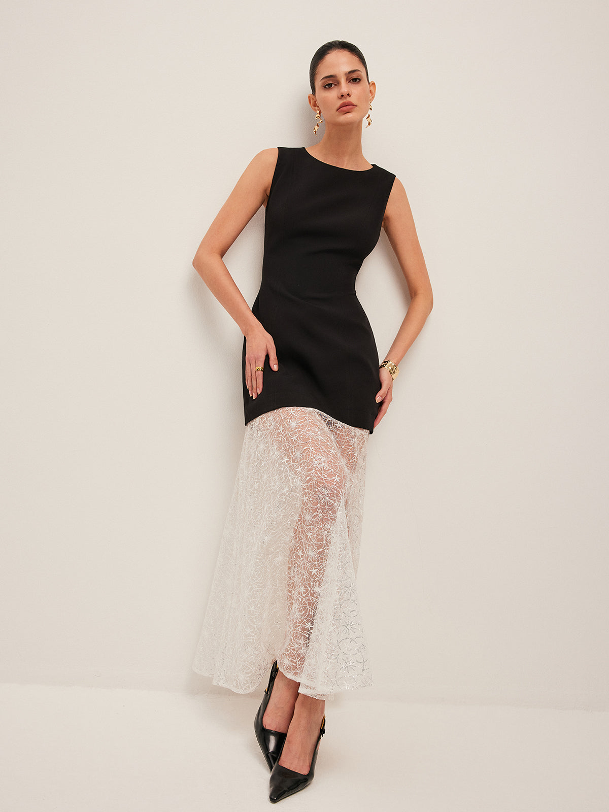 Sheer Lace Panel Sleeveless Dress-Massicos