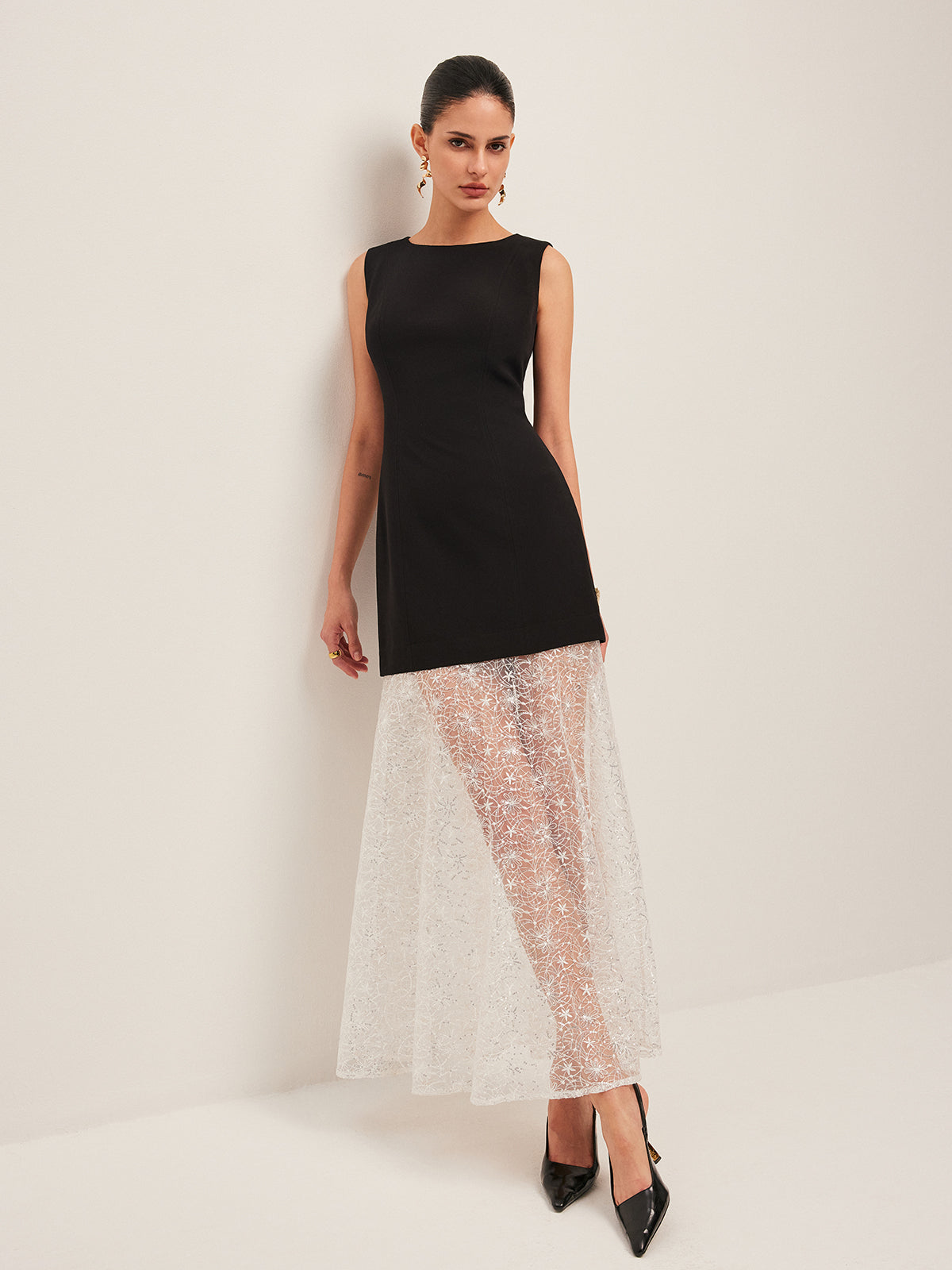 Sheer Lace Panel Sleeveless Dress-Massicos