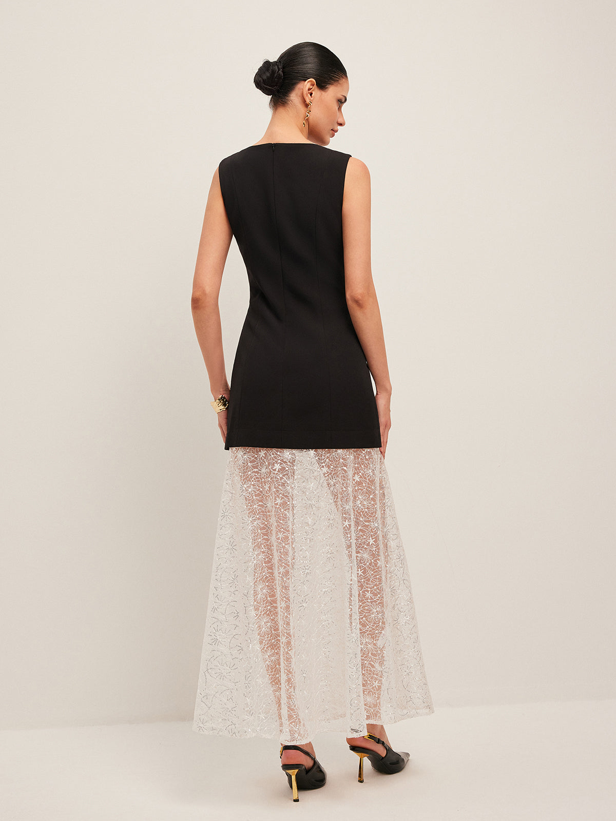 Sheer Lace Panel Sleeveless Dress-Massicos