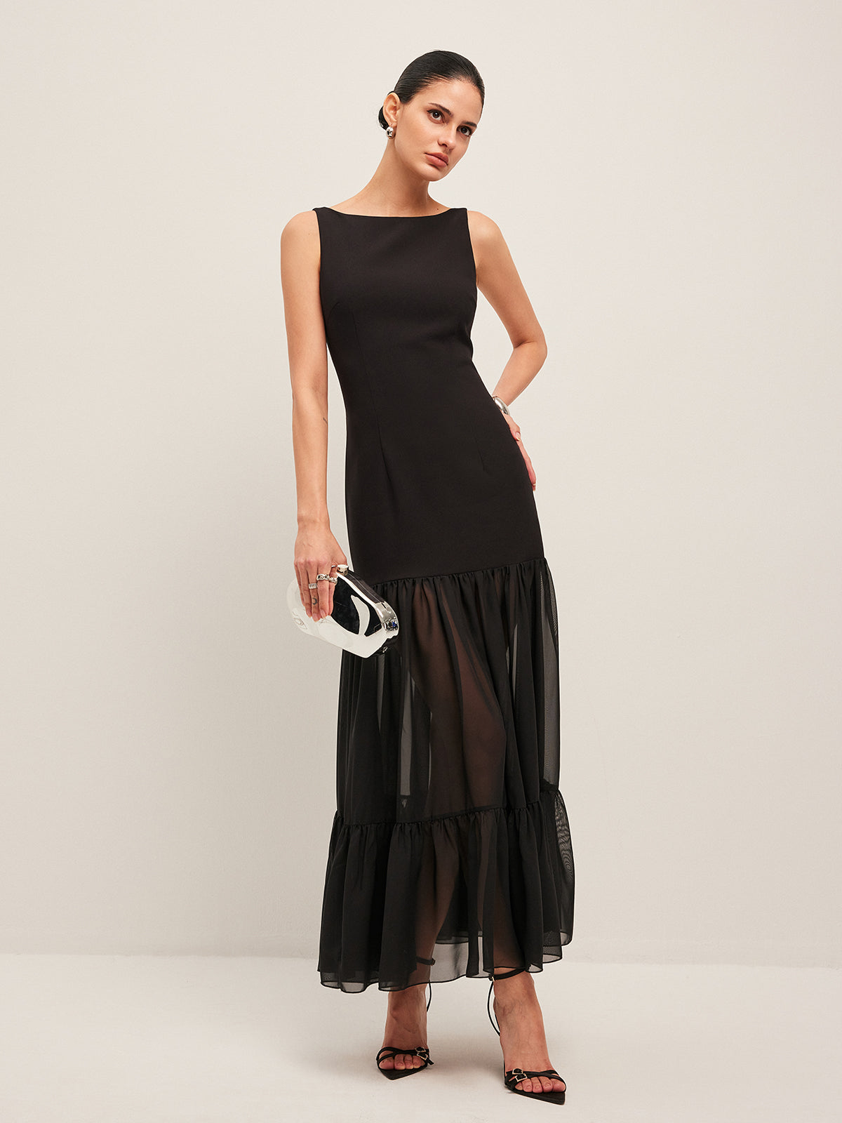 Sheer Panel Back-Tie Ruffled Hem Dress-Massicos