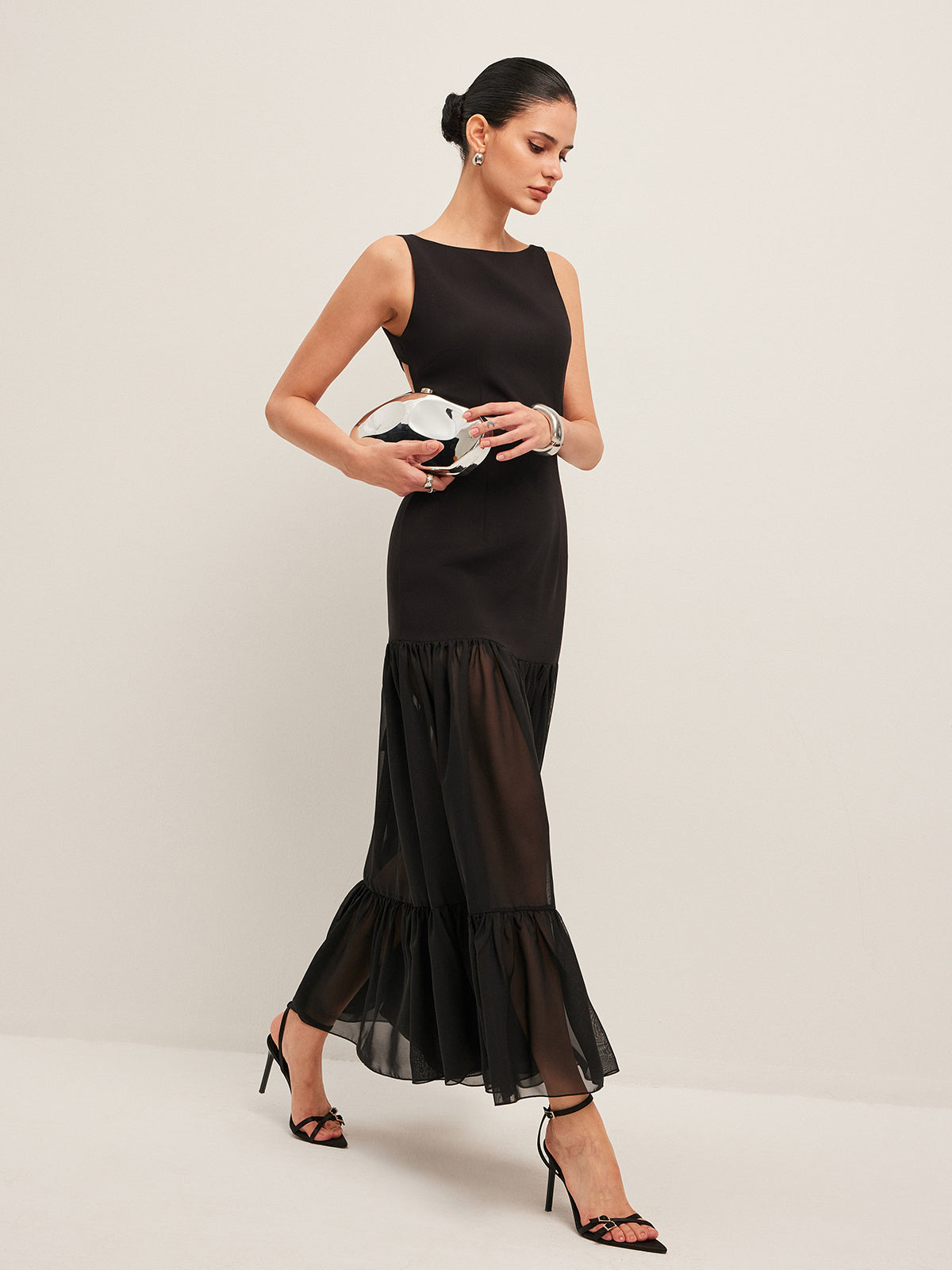 Sheer Panel Back-Tie Ruffled Hem Dress-Massicos