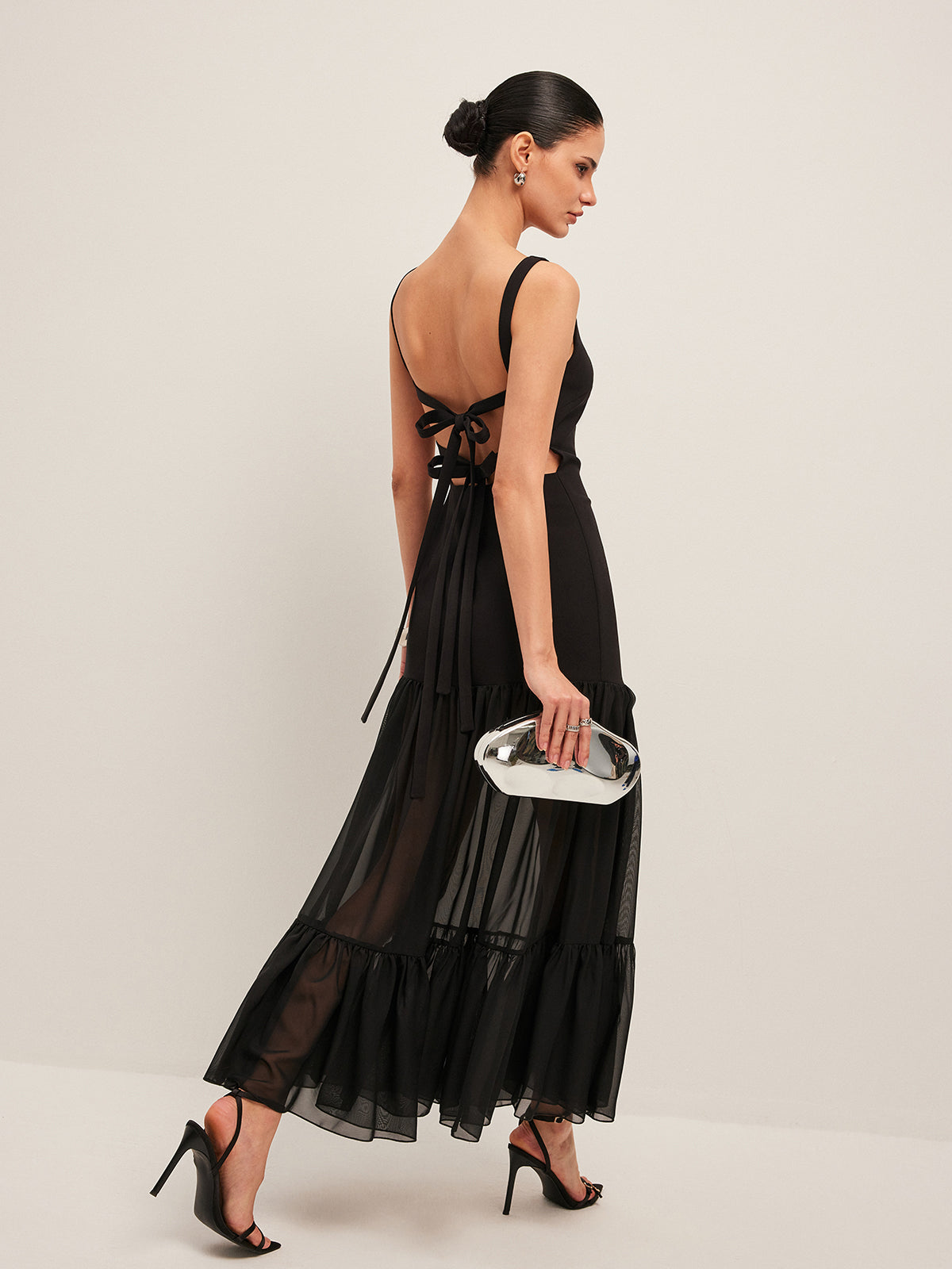 Sheer Panel Back-Tie Ruffled Hem Dress-Massicos