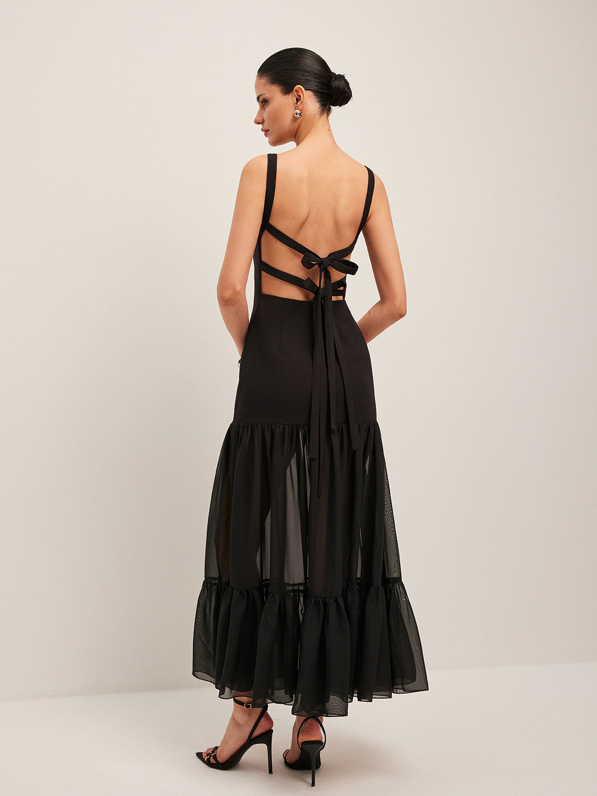Sheer Panel Back-Tie Ruffled Hem Dress-Massicos