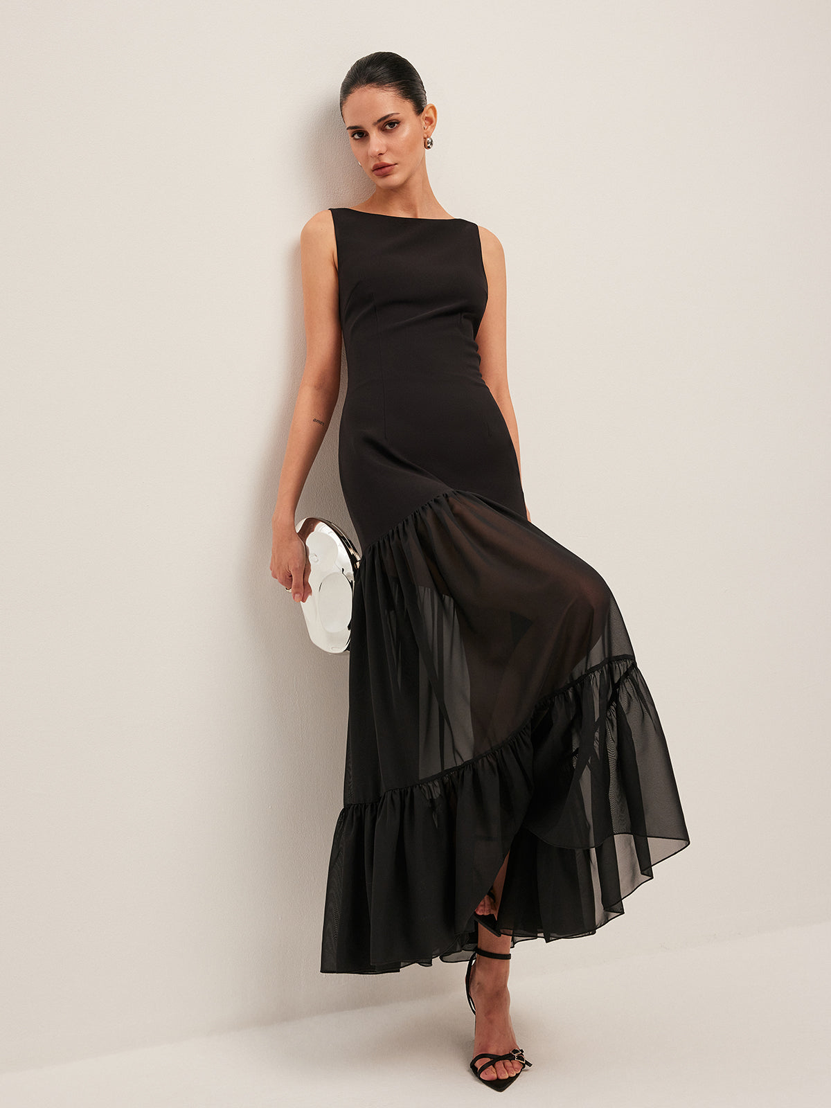 Sheer Panel Back-Tie Ruffled Hem Dress-Massicos