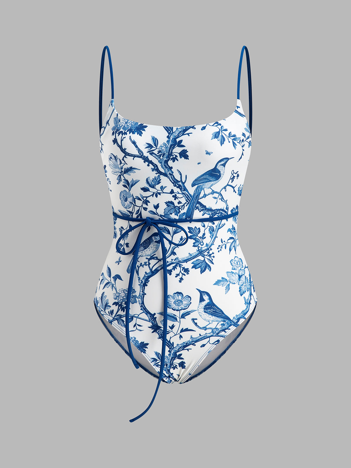 Bird Print Tie-Waist One-Piece Swimsuit-Massicos