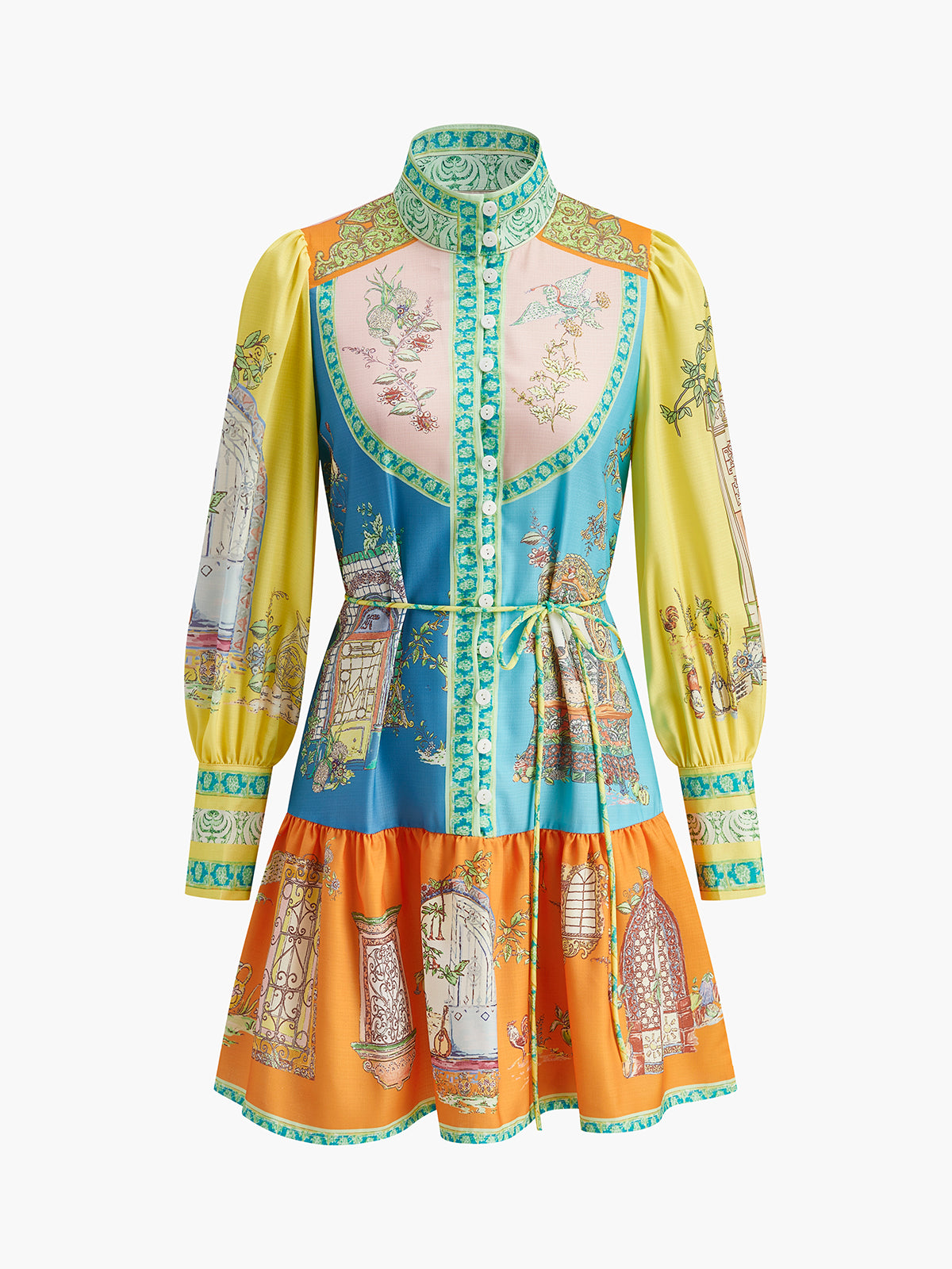 Print Mock-Neck Dress With Belt-Massicos