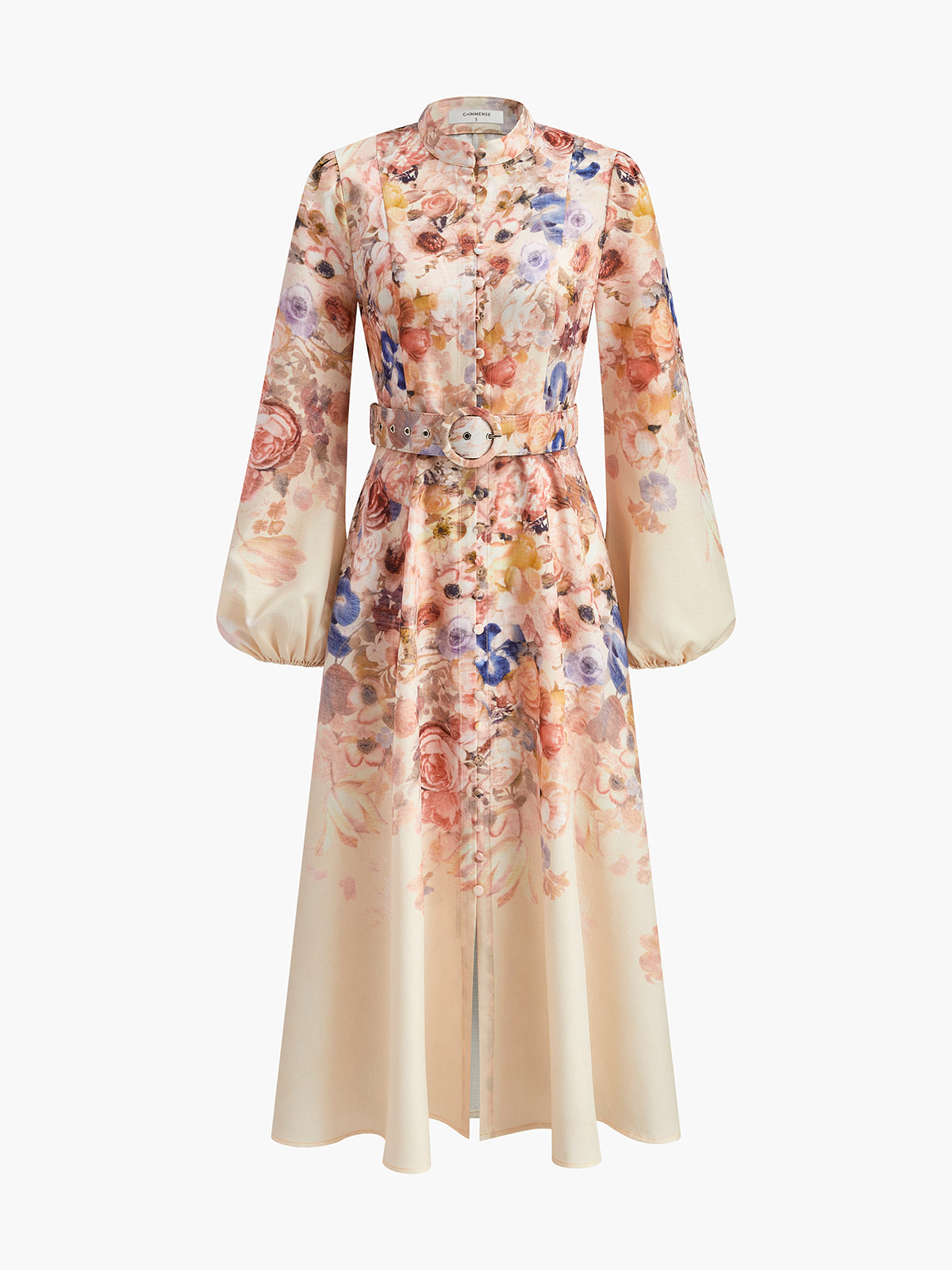 Belted Balloon Sleeve Floral Dress-Massicos