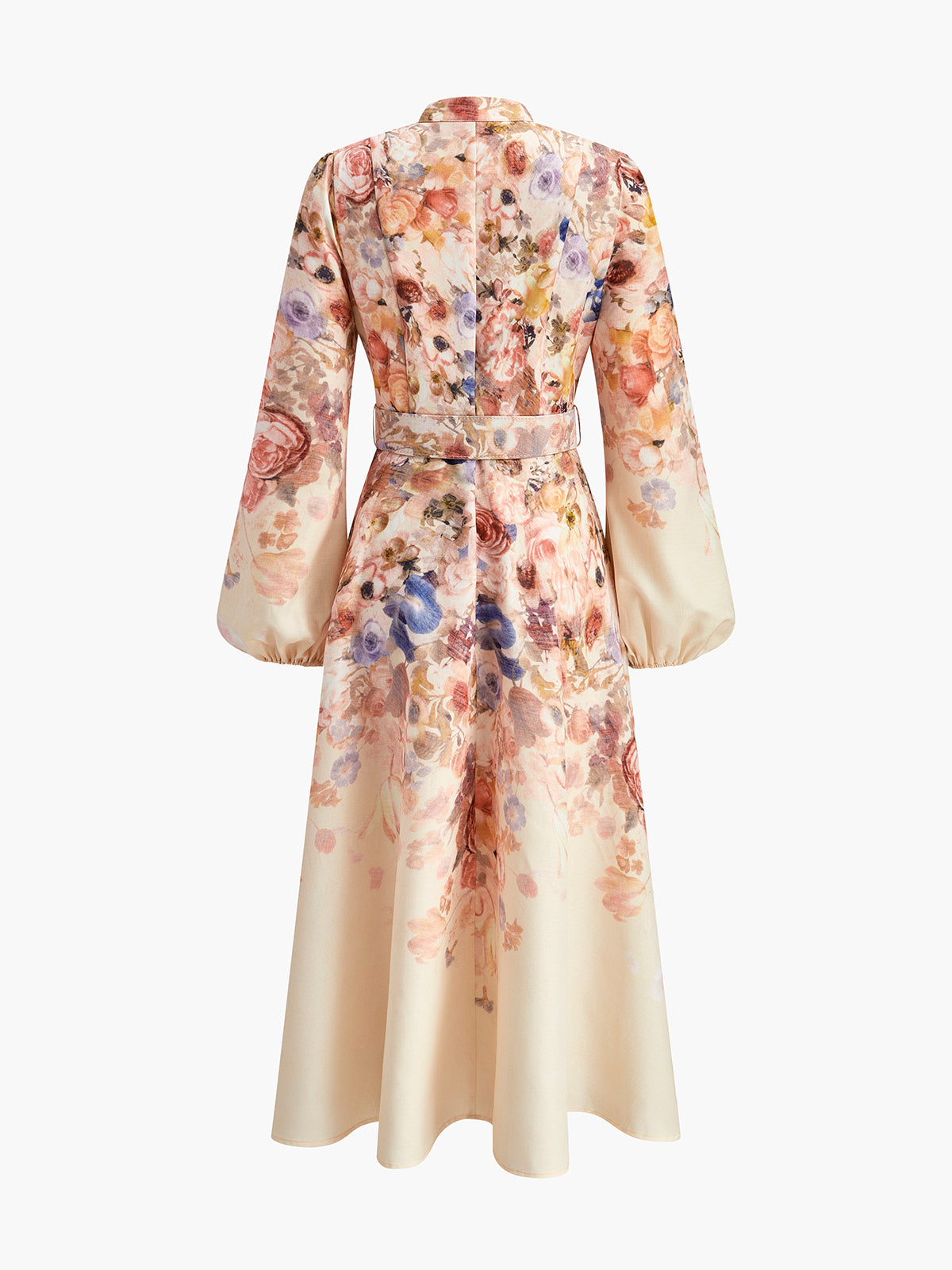 Belted Balloon Sleeve Floral Dress-Massicos