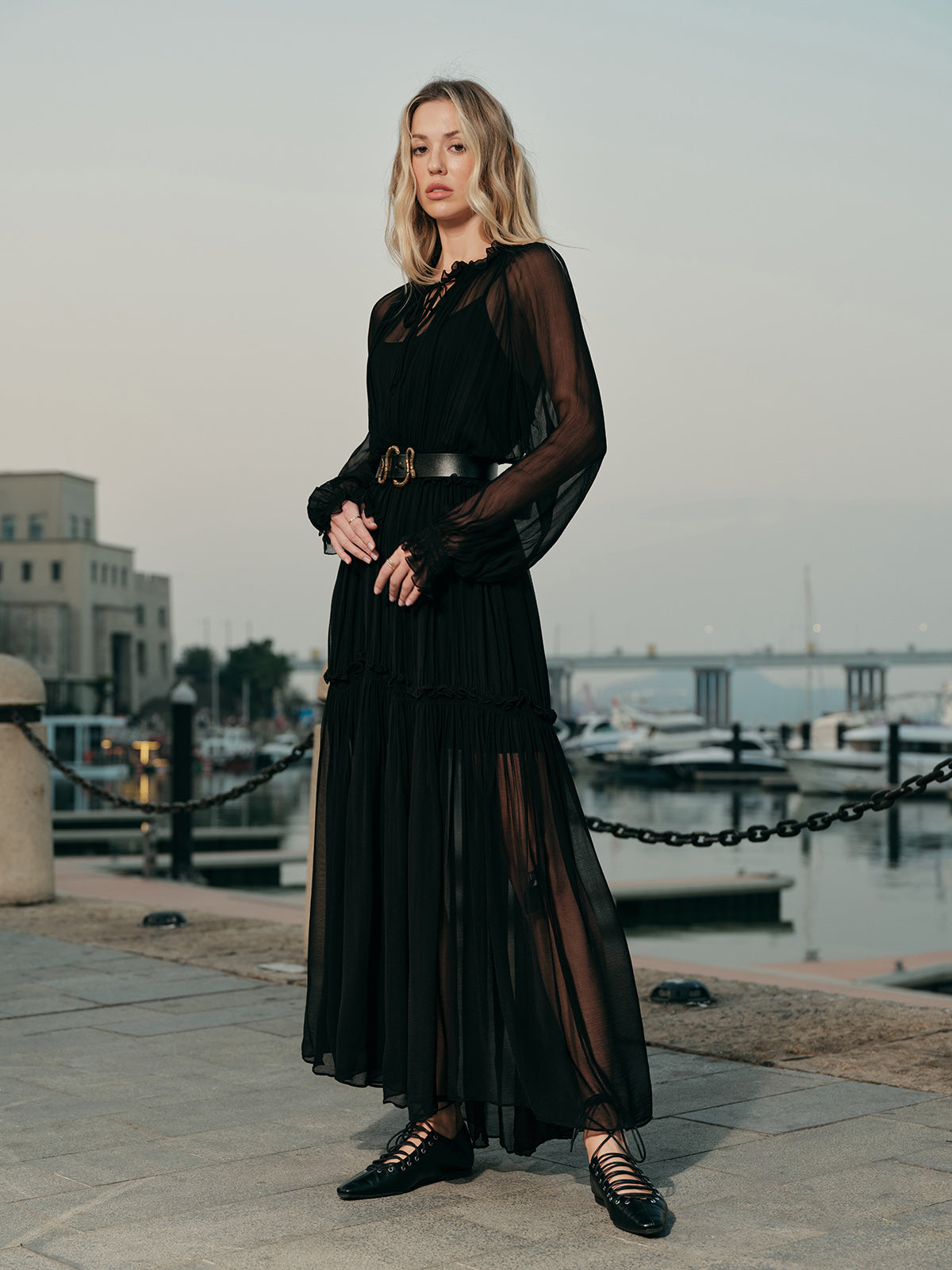 Ruffled Chiffon Semi-Sheer Dress-Massicos