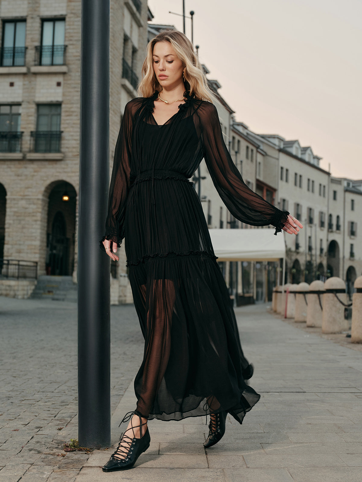 Ruffled Chiffon Semi-Sheer Dress-Massicos