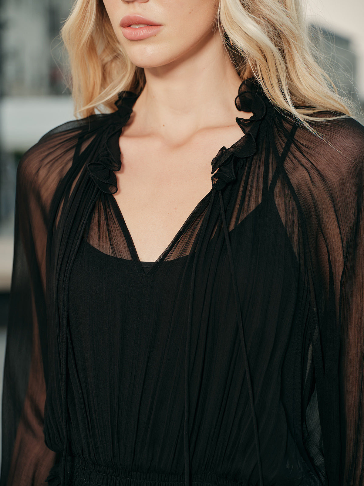 Ruffled Chiffon Semi-Sheer Dress-Massicos