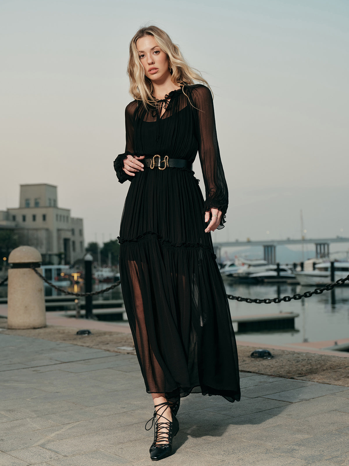 Ruffled Chiffon Semi-Sheer Dress-Massicos