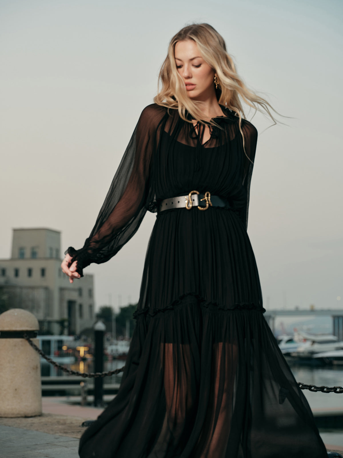 Ruffled Chiffon Semi-Sheer Dress-Massicos