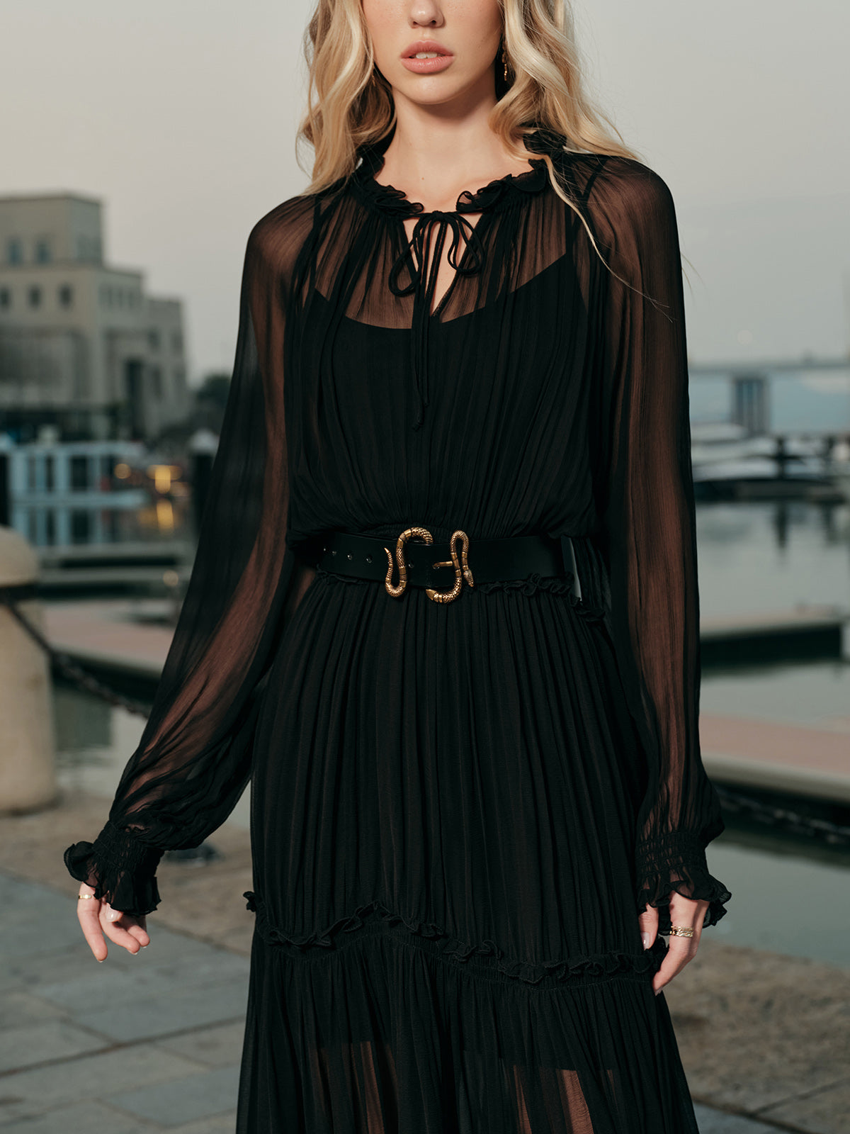 Ruffled Chiffon Semi-Sheer Dress-Massicos