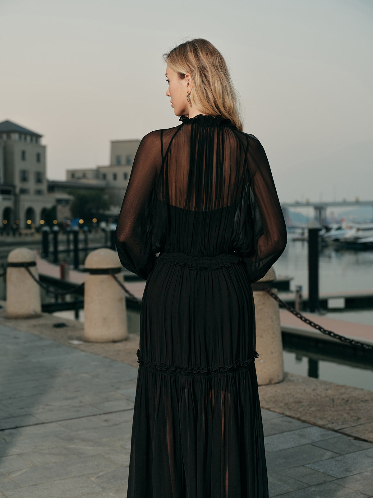 Ruffled Chiffon Semi-Sheer Dress-Massicos