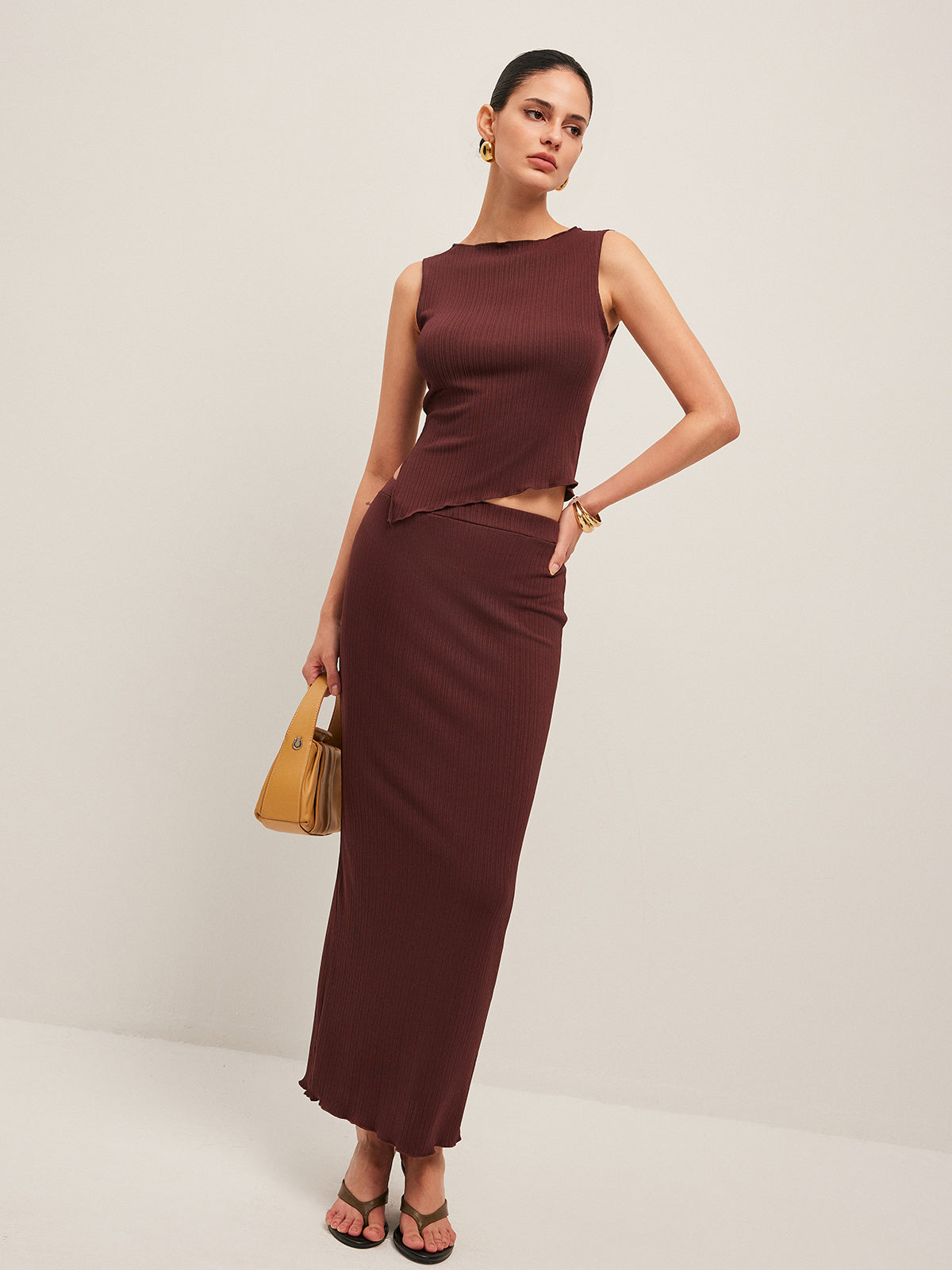 Asymmetrical Hem Ribbed Skirt Set-Massicos