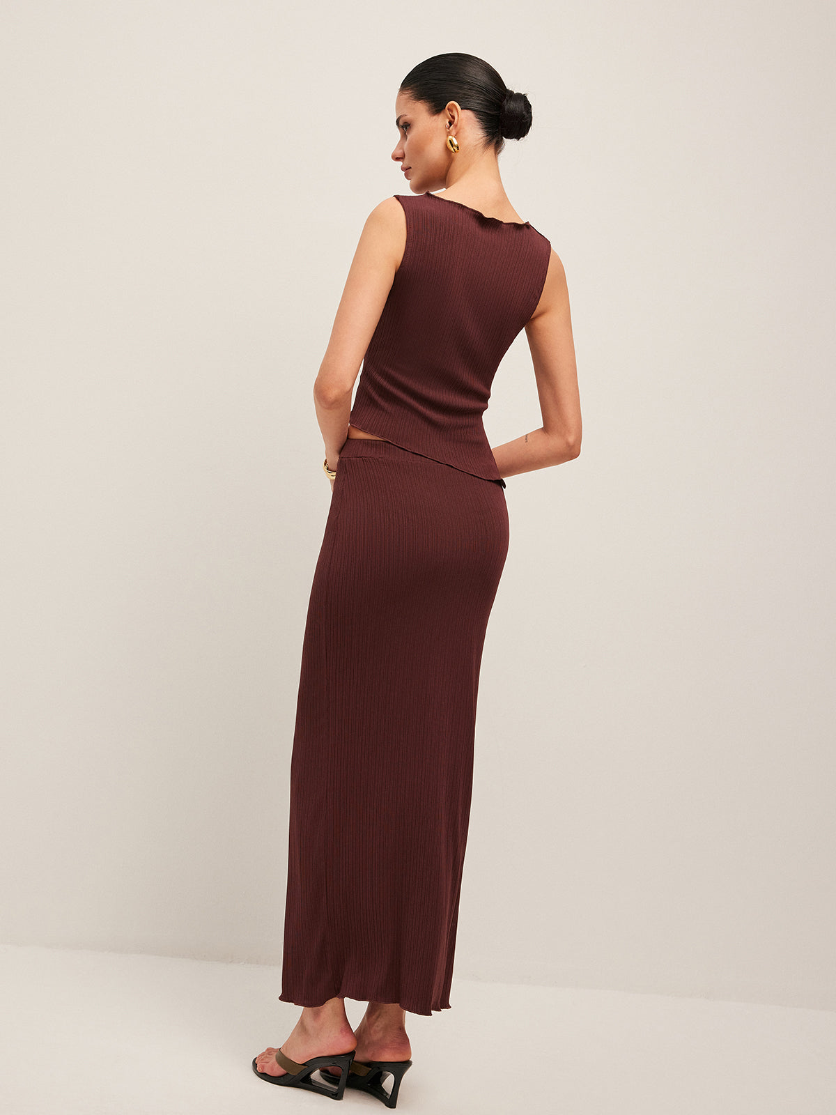 Asymmetrical Hem Ribbed Skirt Set-Massicos