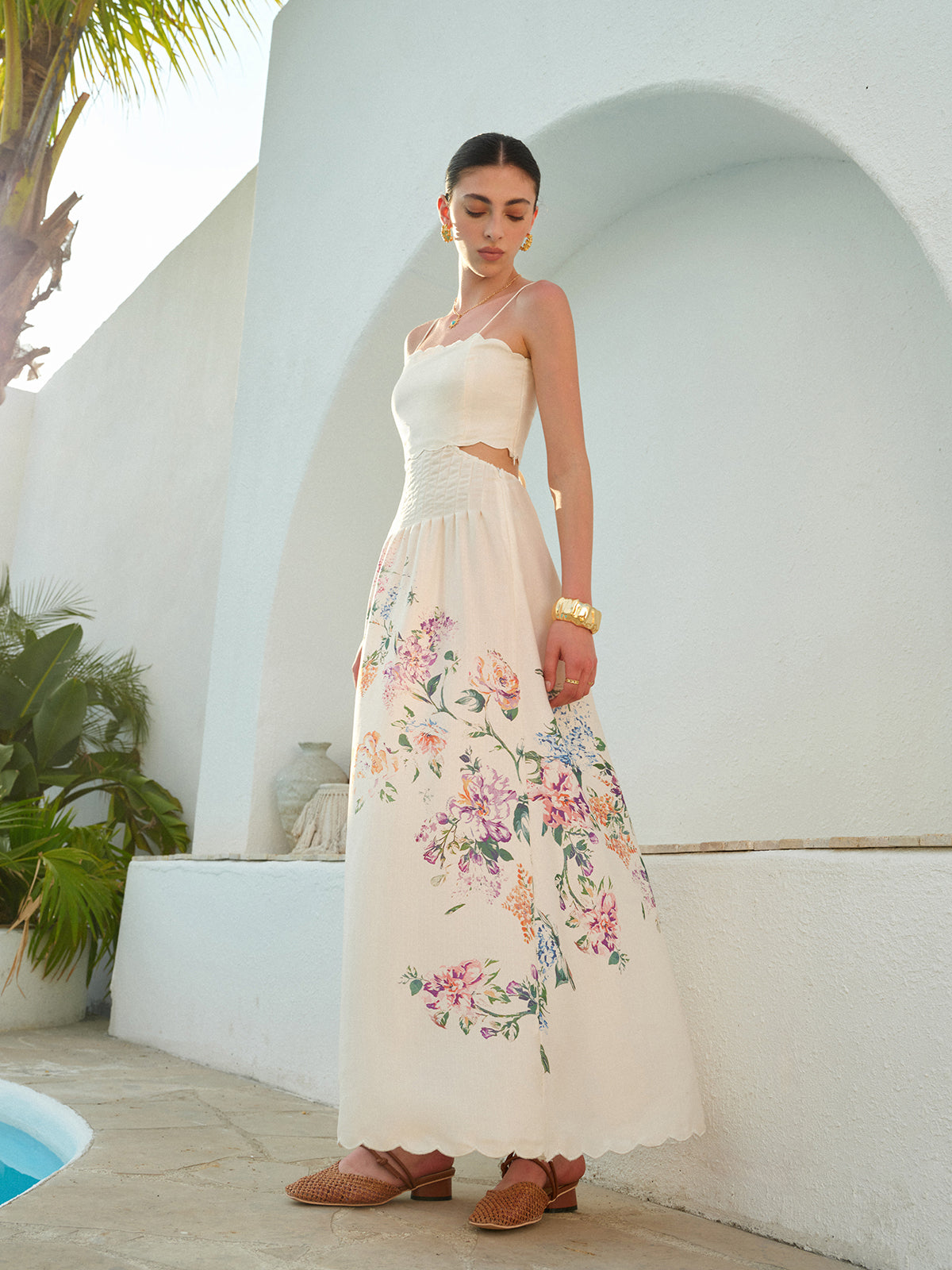 Floral Print Lace-Up Back Sleeveless Dress-Massicos