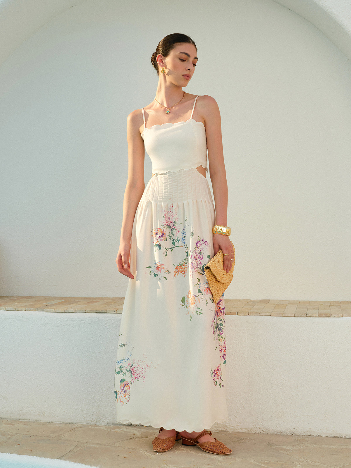 Floral Print Lace-Up Back Sleeveless Dress-Massicos