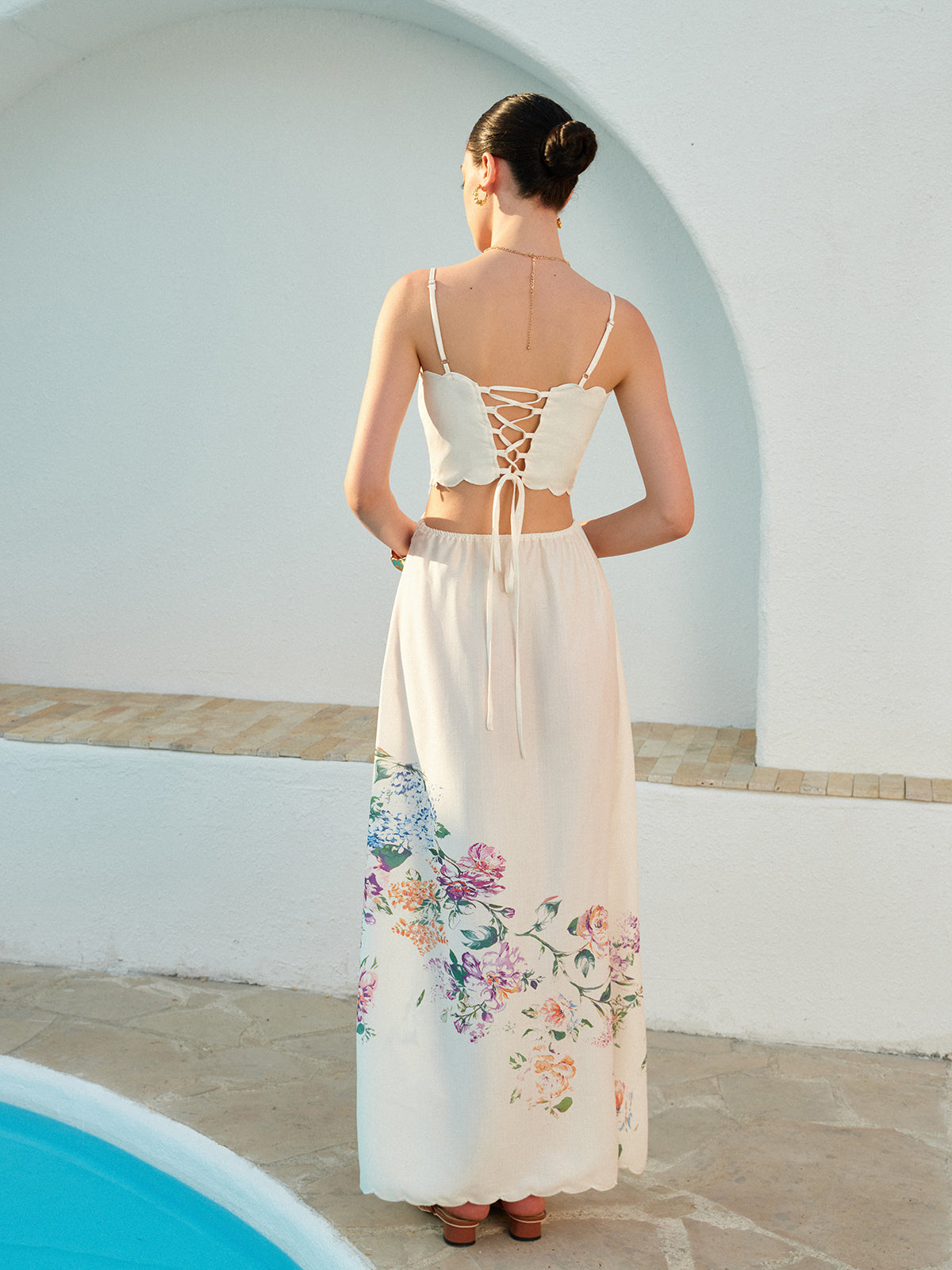 Floral Print Lace-Up Back Sleeveless Dress-Massicos