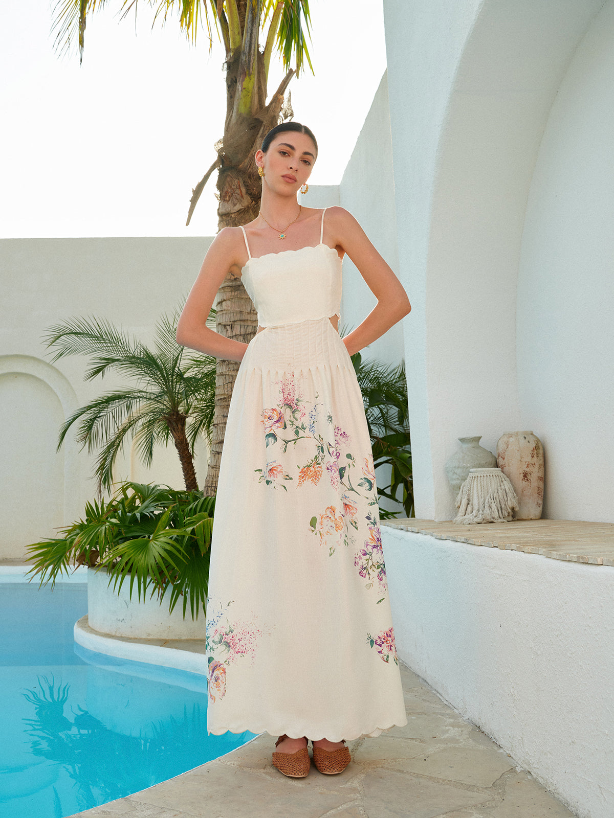 Floral Print Lace-Up Back Sleeveless Dress-Massicos