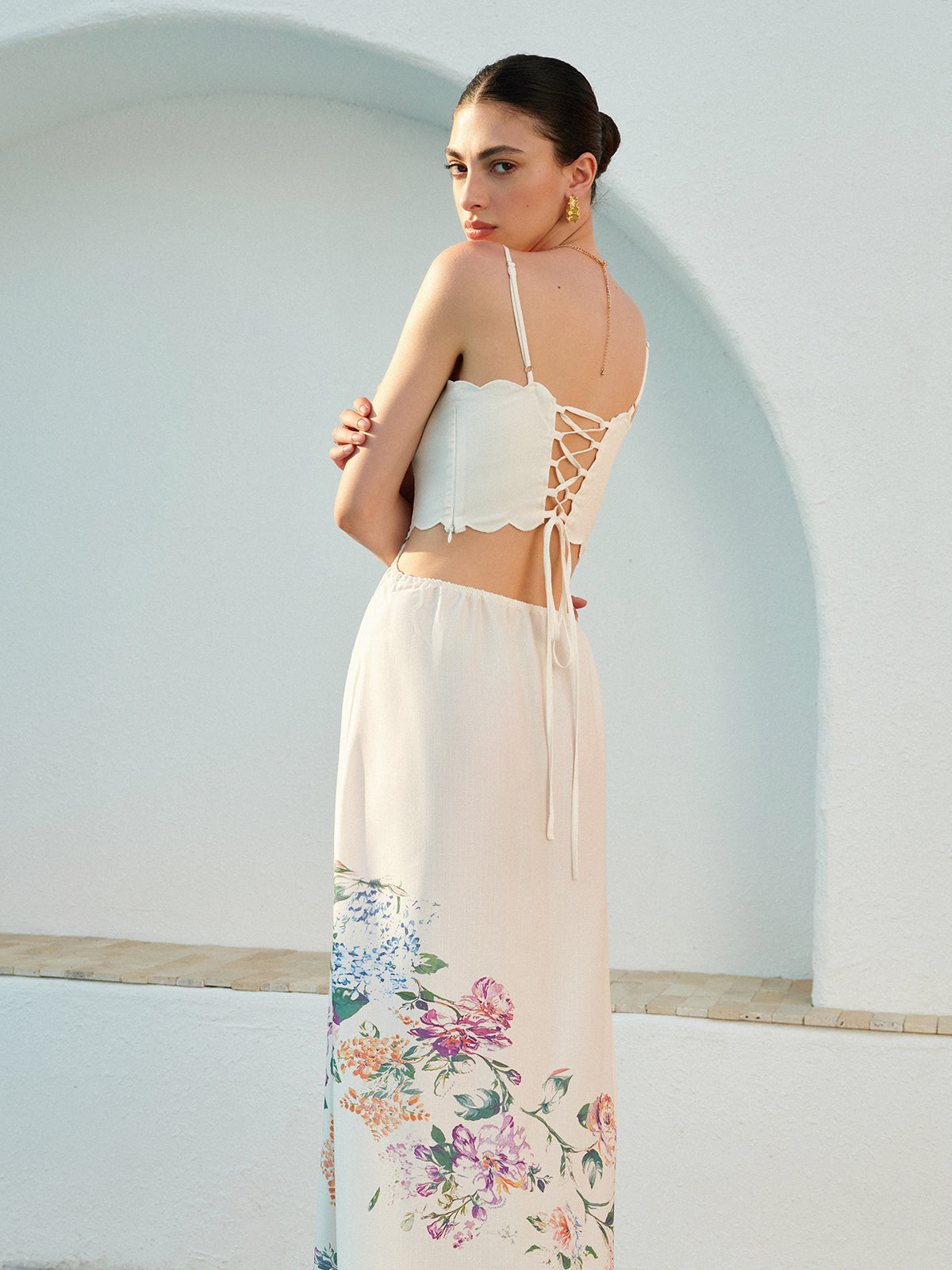 Floral Print Lace-Up Back Sleeveless Dress-Massicos