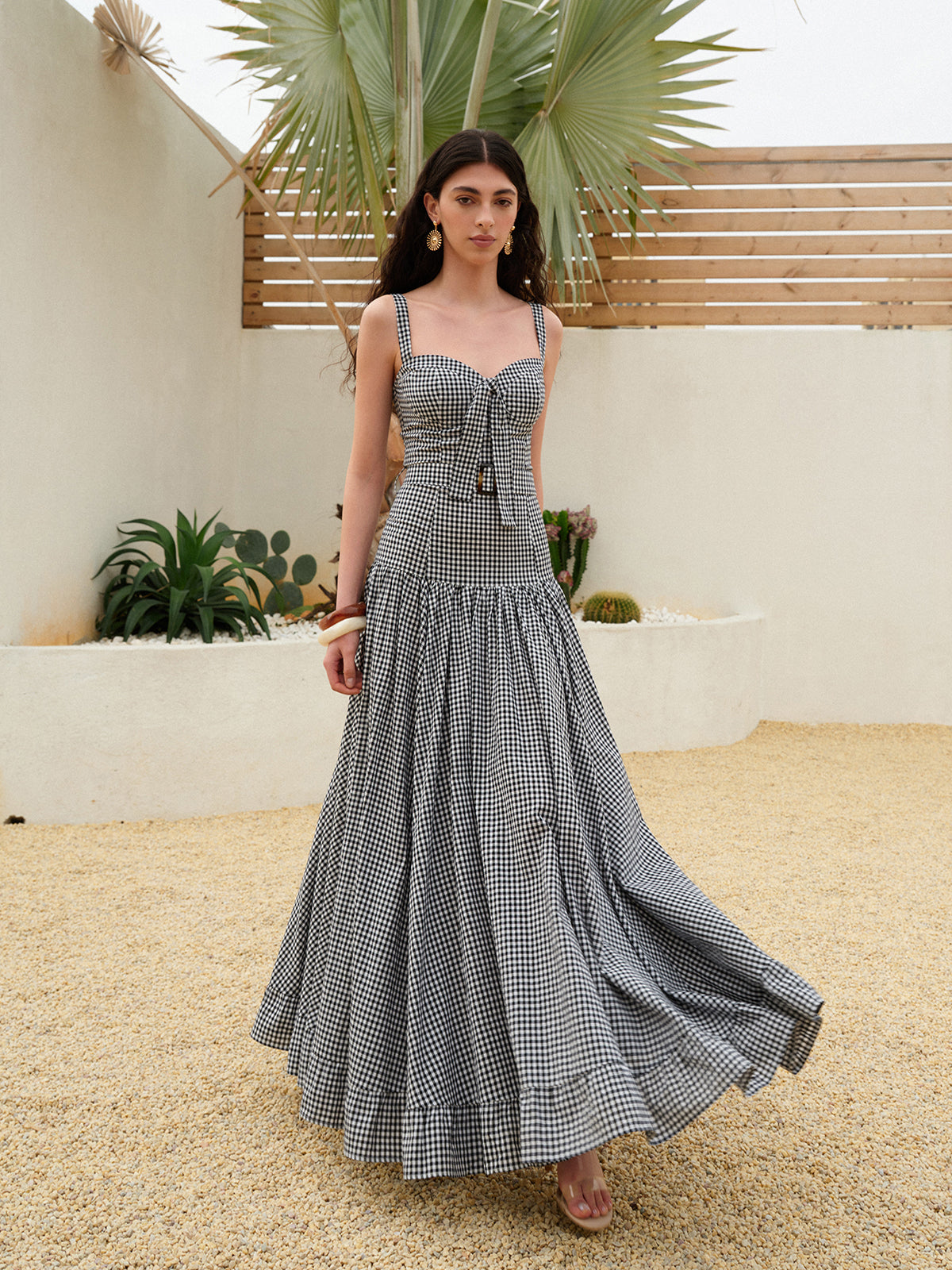 Gingham Belted Sleeveless Dress-Massicos