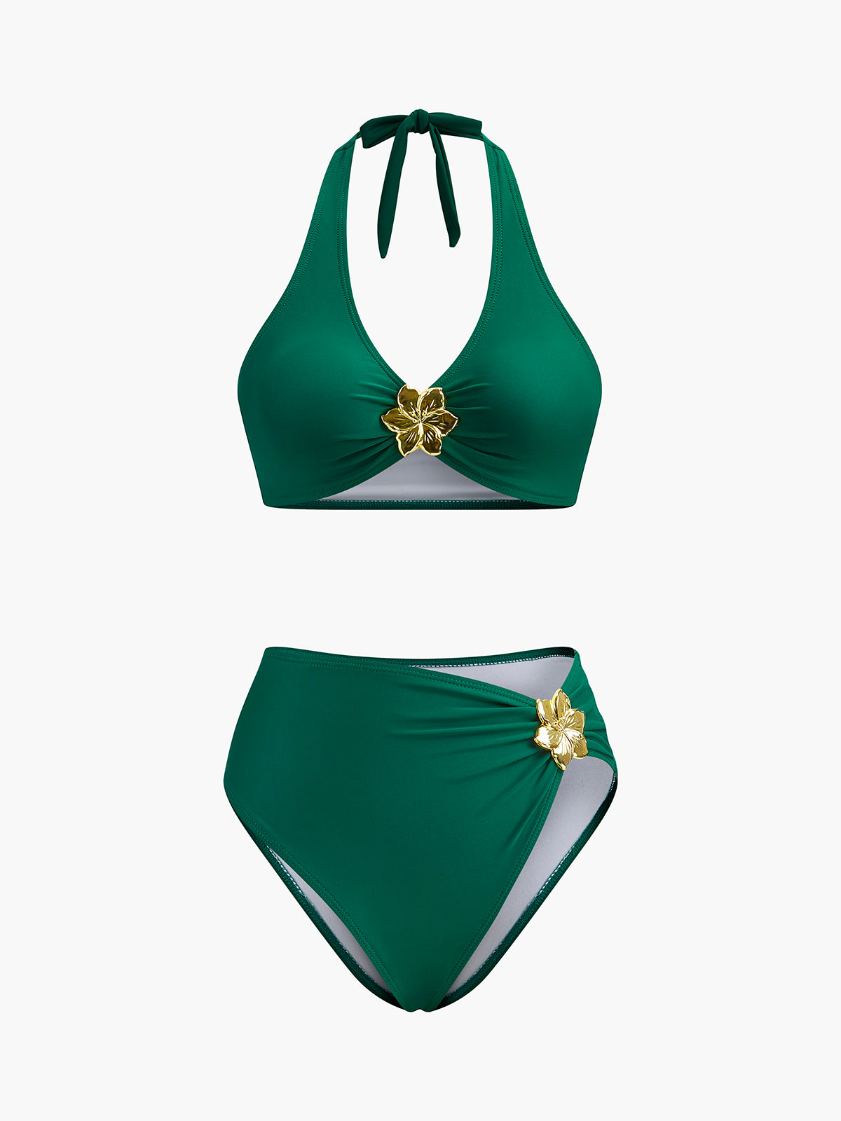 Metal Flower Detail Halter Bikini Set-Massicos
