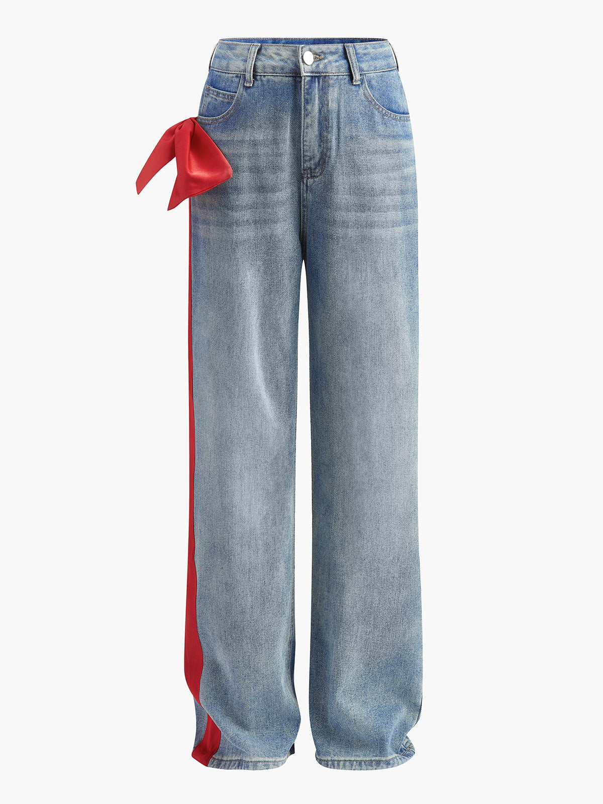 Mid-Waist Bow-Decor Denim Jeans-Massicos