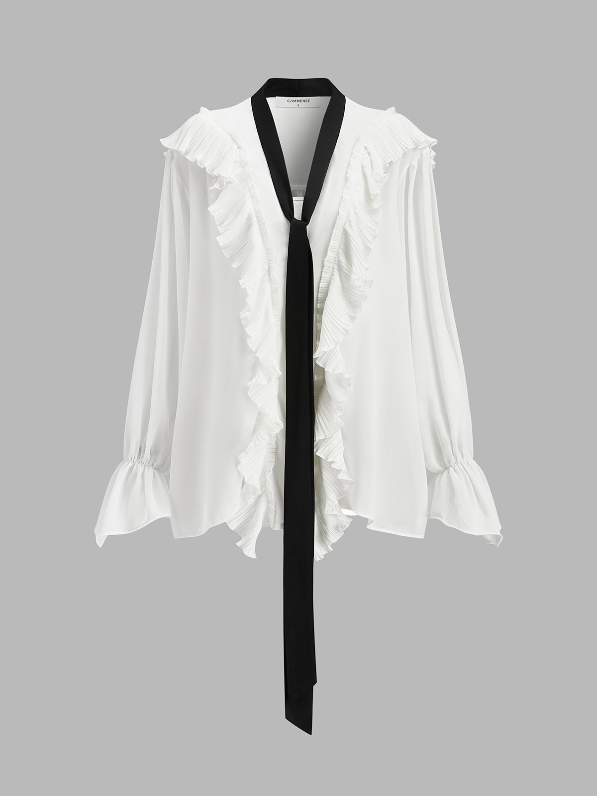 Semi-Sheer Ruffled Detail Blouse With Contrasting Tie-Massicos