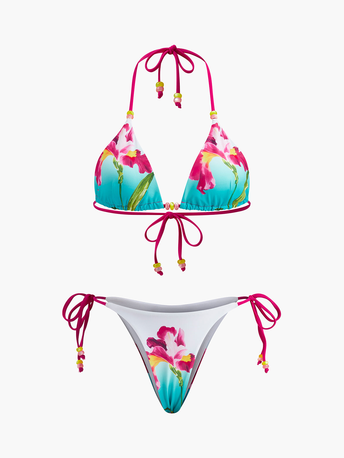 Floral Print Beaded Bikini Set-Massicos