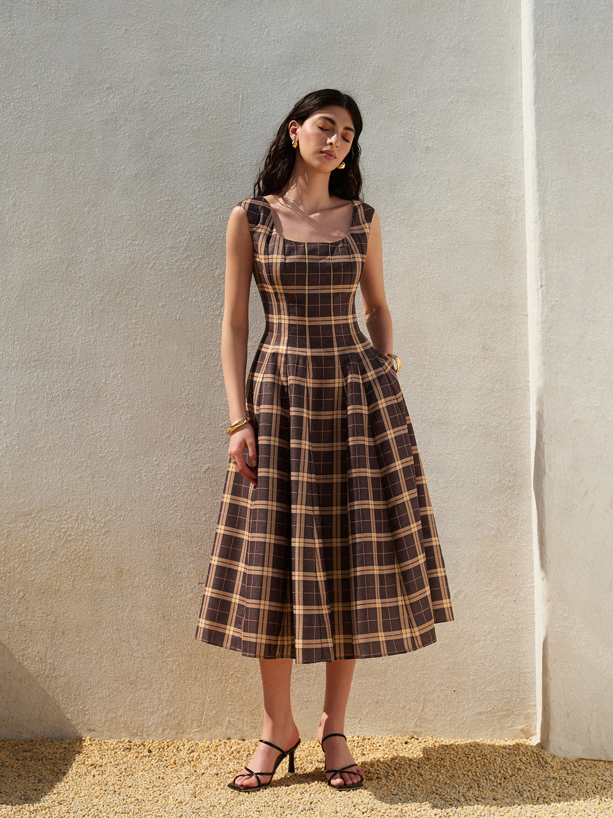 Square Neck Sleeveless Pleated Plaid Dress-Massicos