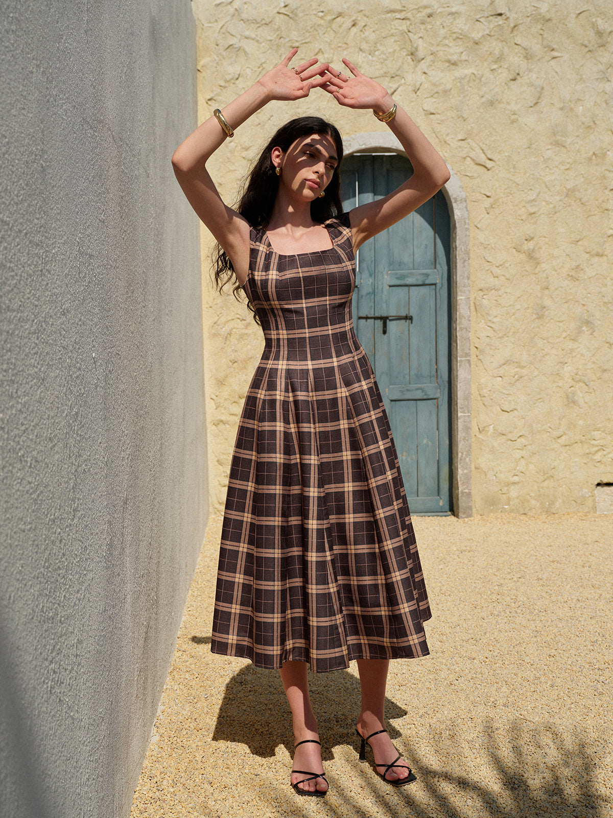 Square Neck Sleeveless Pleated Plaid Dress-Massicos