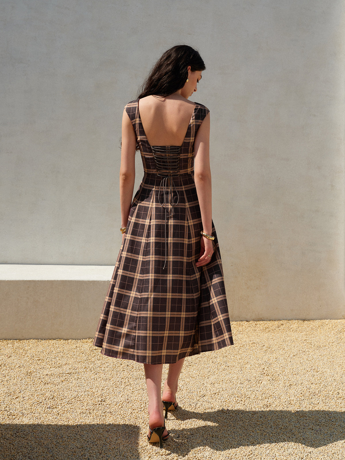 Square Neck Sleeveless Pleated Plaid Dress-Massicos
