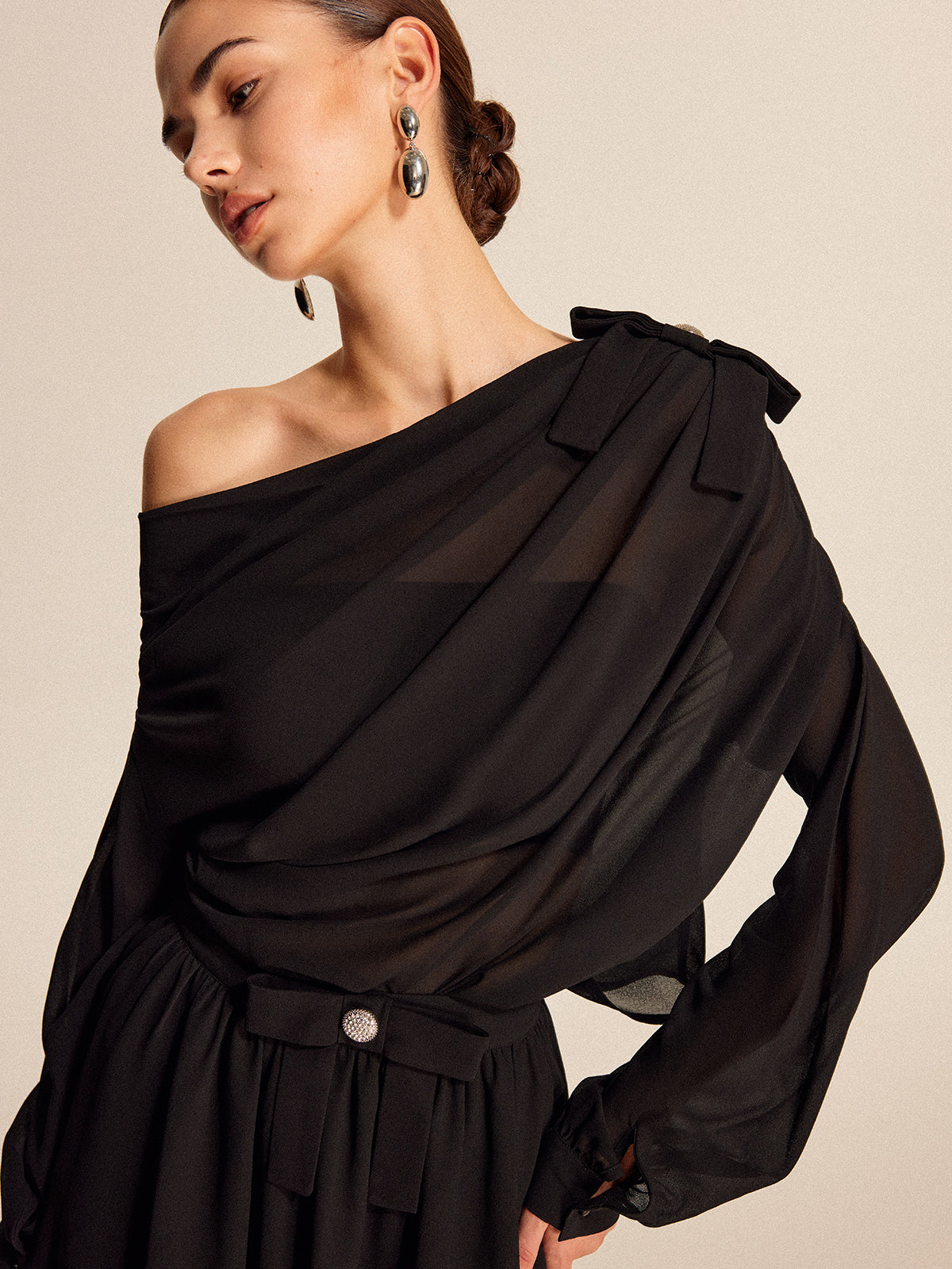 Semi-Sheer Chiffon One-Shoulder Bow Detail Skirt Set-Massicos