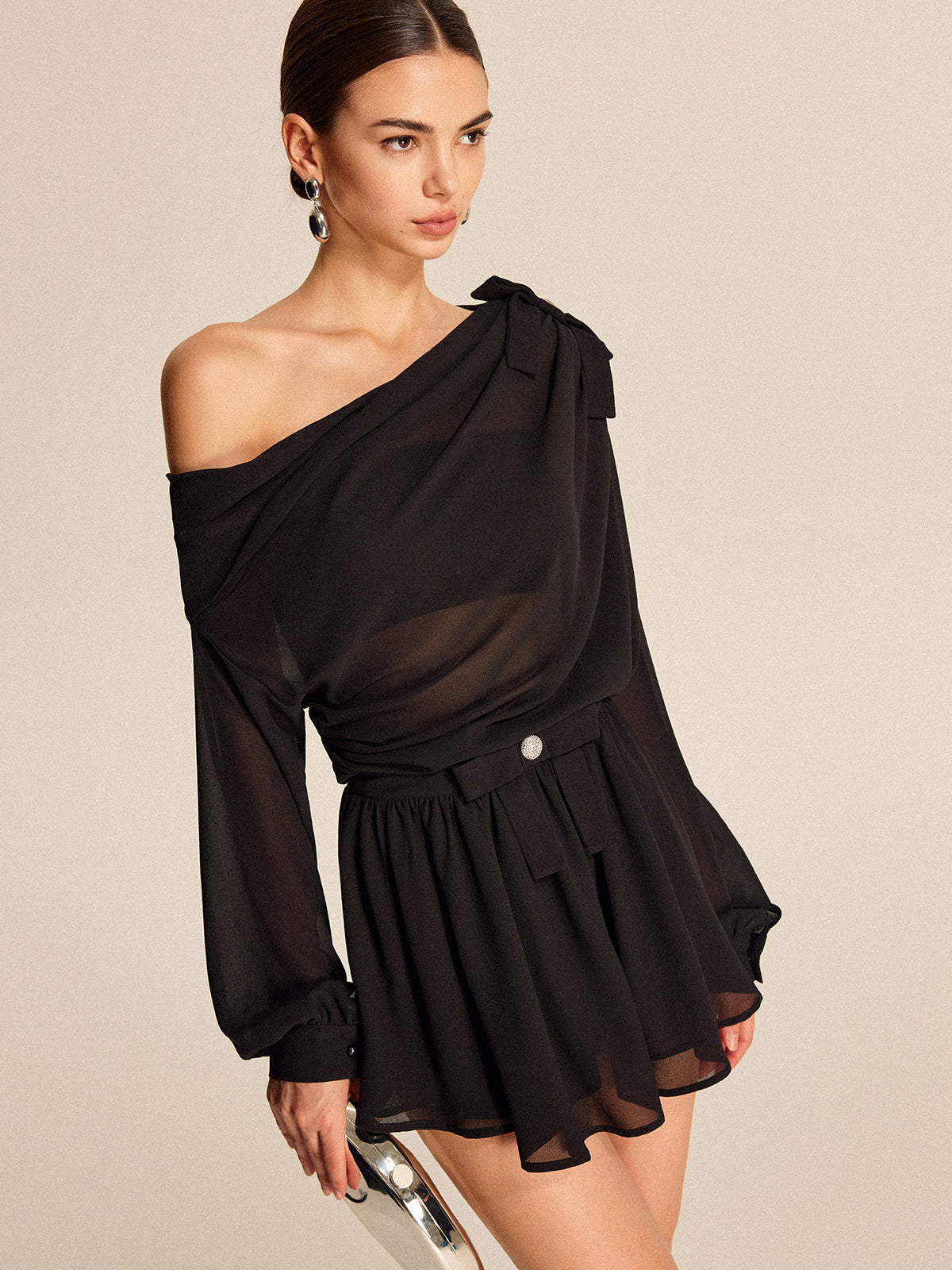 Semi-Sheer Chiffon One-Shoulder Bow Detail Skirt Set-Massicos