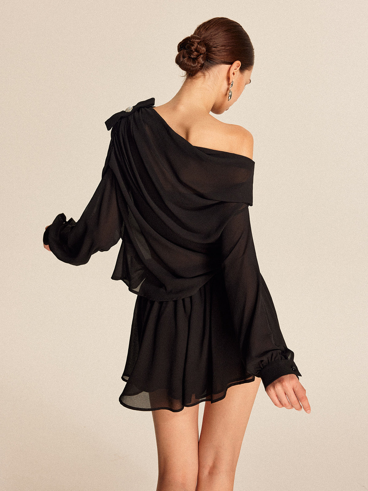 Semi-Sheer Chiffon One-Shoulder Bow Detail Skirt Set-Massicos