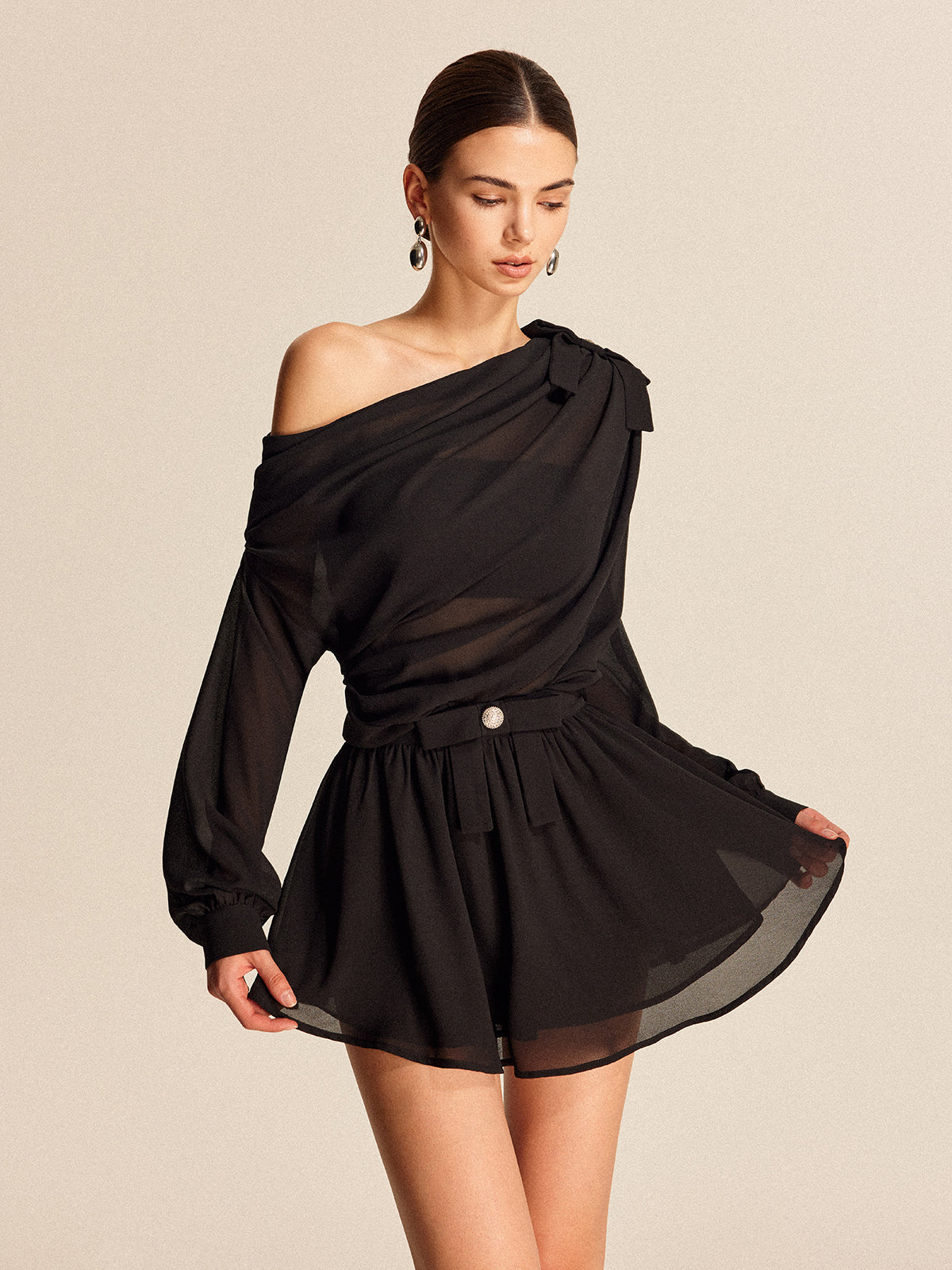 Semi-Sheer Chiffon One-Shoulder Bow Detail Skirt Set-Massicos