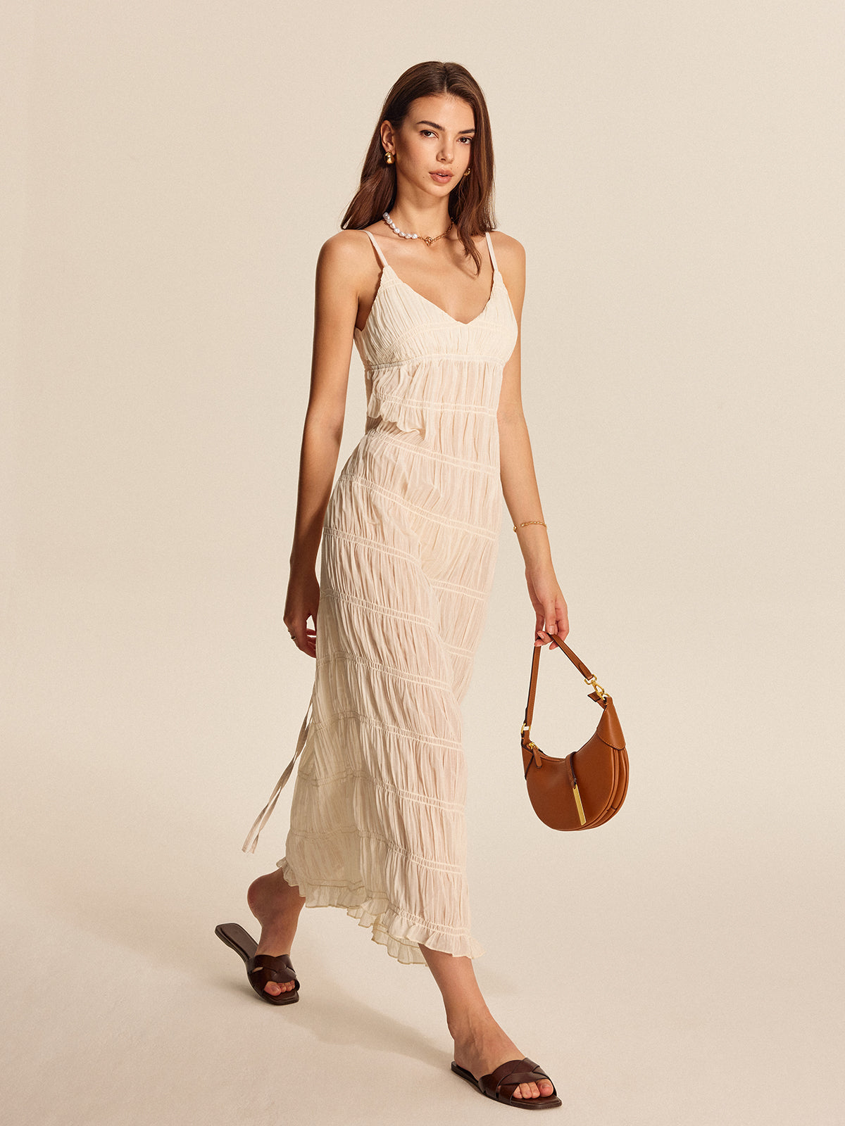 Semi-Sheer Strappy Pleated Dress-Massicos