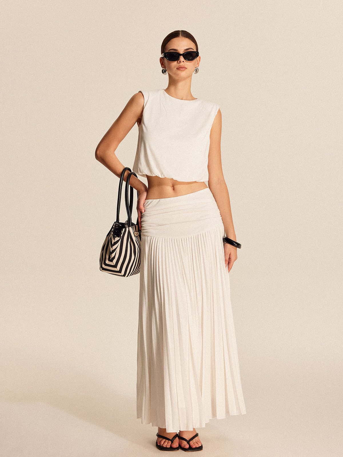 Shoulder-Padded Pleated Skirt Set-Massicos