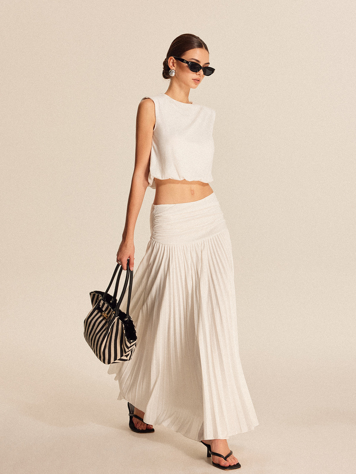 Shoulder-Padded Pleated Skirt Set-Massicos